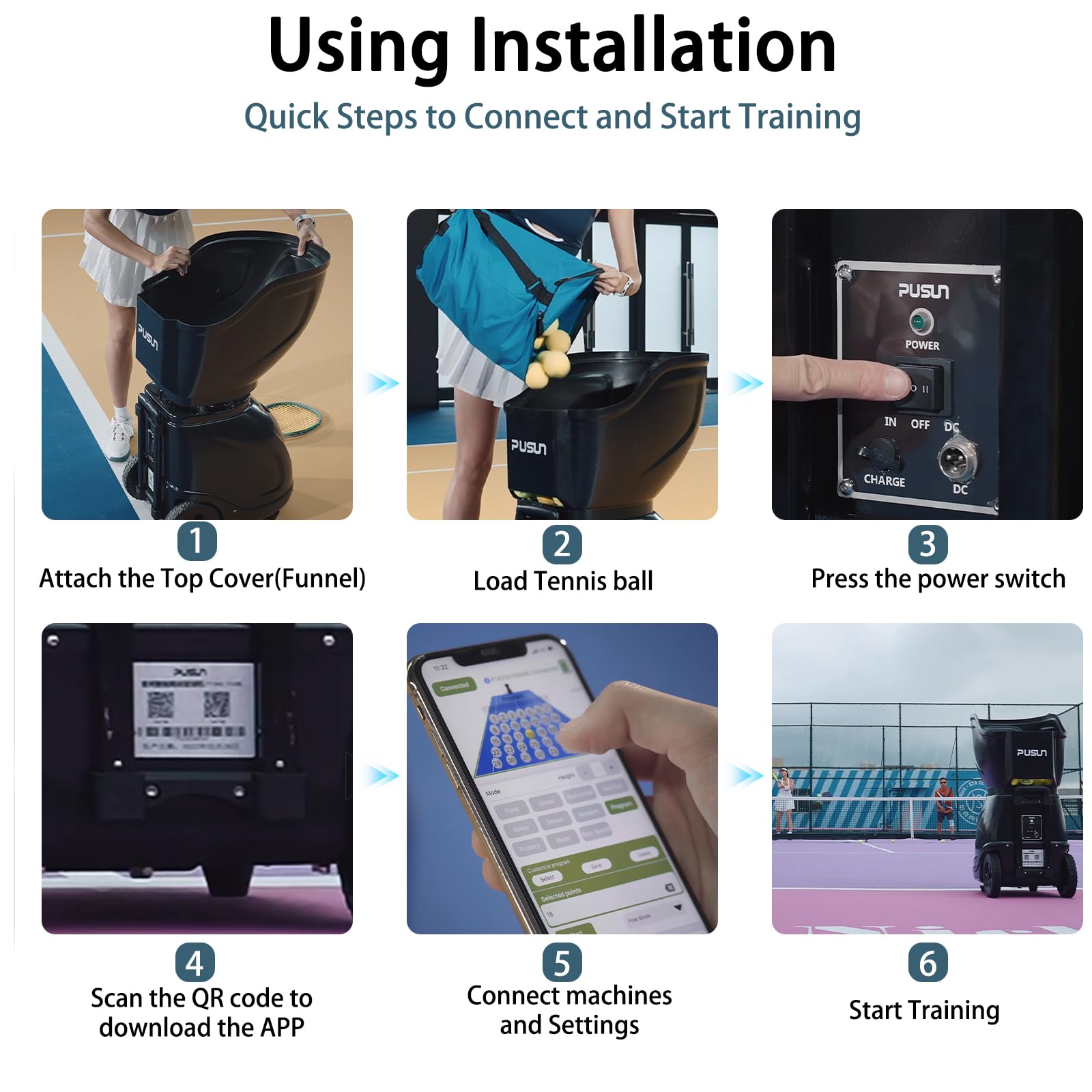 PUSUN PT-SMARTPro Padel Ballmaschine, Intelligenter Ballwerfer mit App-Steuerung, 20-Punkt-Programmierung, 12 Aufschlagmodi, Zufallsballfunktion, Perfekt für alle Spielniveaus