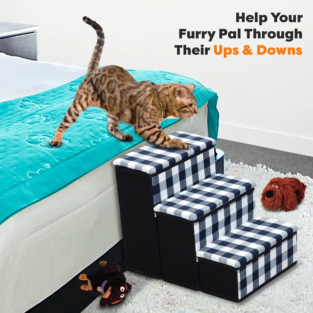 Bundaloo Dog Stairs with Storage - Foldable & Non-Slip 3-Layer Steps for Small & Medium Puppies, Cats - Spacious Compartment for Toys, Treats - Holds up to 100 lbs. - 14.75 x 13 x 18 Inches (Plaid)