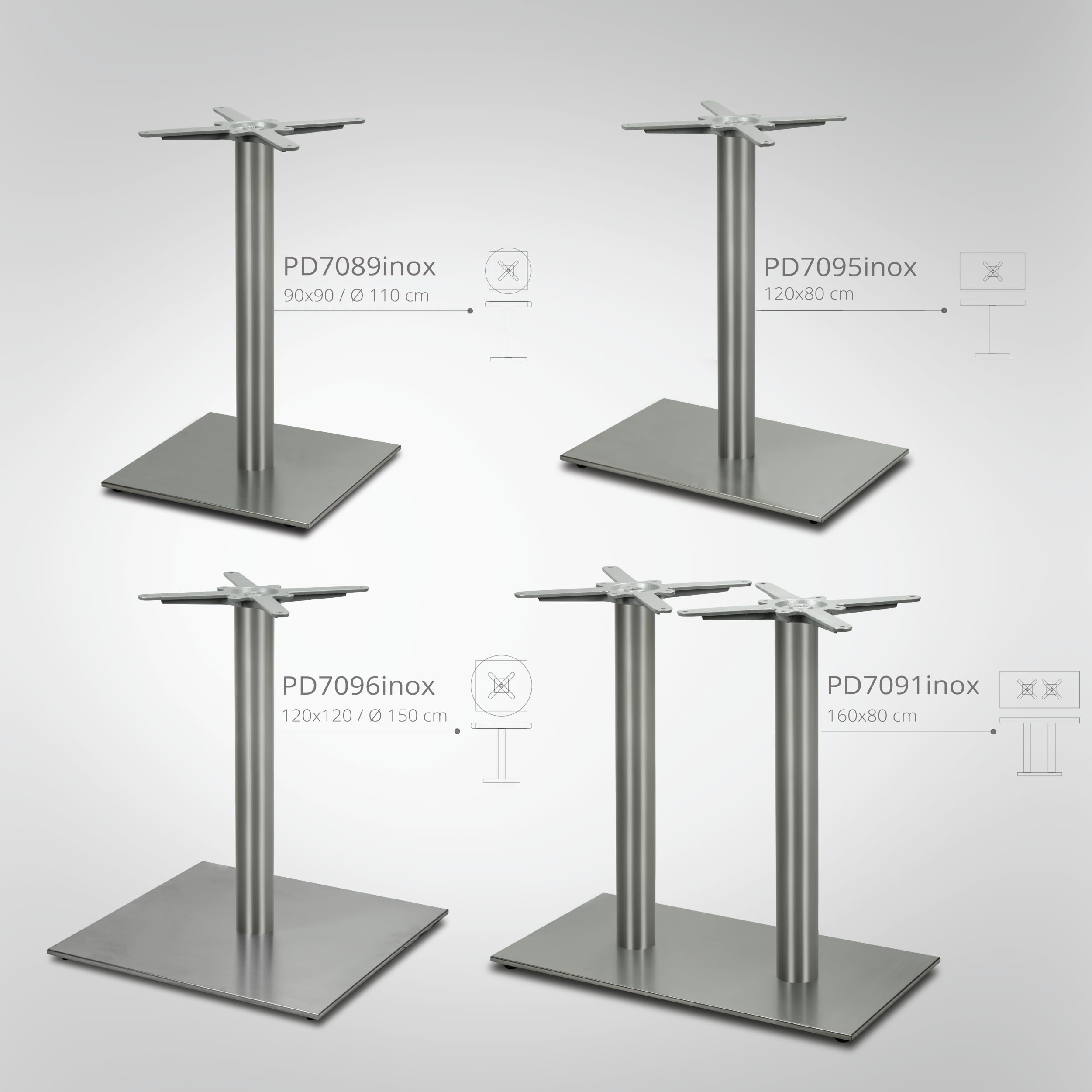 Tischgestell Tischbein Edelstahl | Premium | PD7089inox | INOX | Esstisch | Höhe 72 cm | 21 kg | Bodenplatte 45x45 cm | max. Tischplattengröße 90x90 / Ø 110 cm