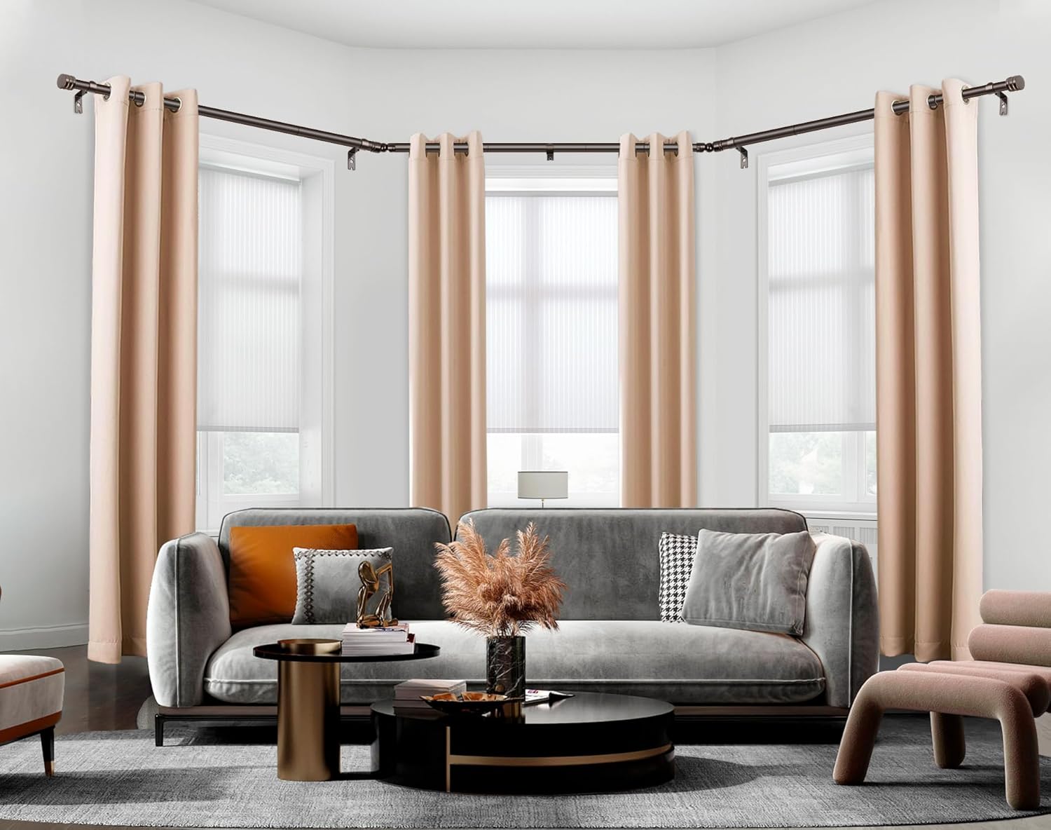 bay window curtain rods, hotozon 7/8 inch heavy duty curtain rods for bay windows 48-84 inch(center rod), 32-58 inch side rods for windows, decorative drapery rod with end cap finials, antique bronze antique bronze 48-84" (3 sides)