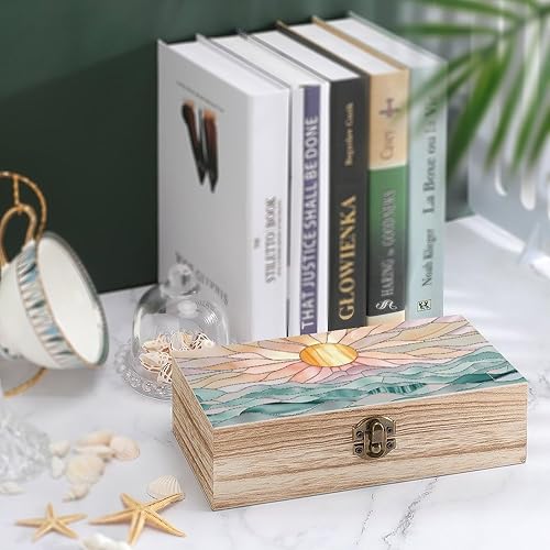 Miniatura 4 de Sunset Ocean Waves Wooden Storage Box with Hinged Lock,Decorative Handmade Keepsake Jewelry Chest, Elegant Retro Decor Boxes, Compact Organizer Box