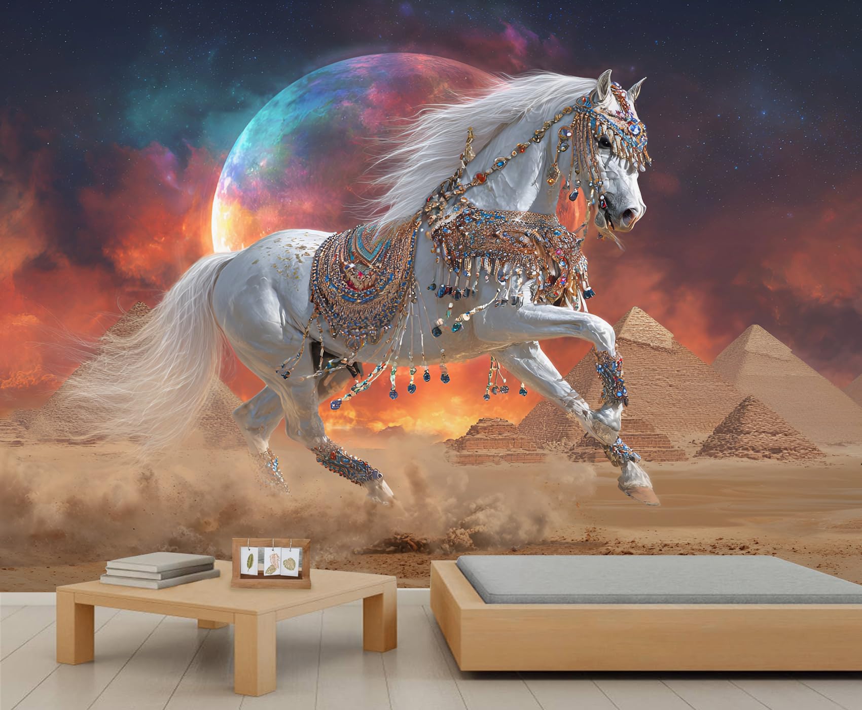 Desert Collapsing Horse Mural Fantasy White Horse Wall Mural Cosmic Equine Murals 3D Cartoon Animal Wallpaper for Living Room Bedroom 350 x 256 cm