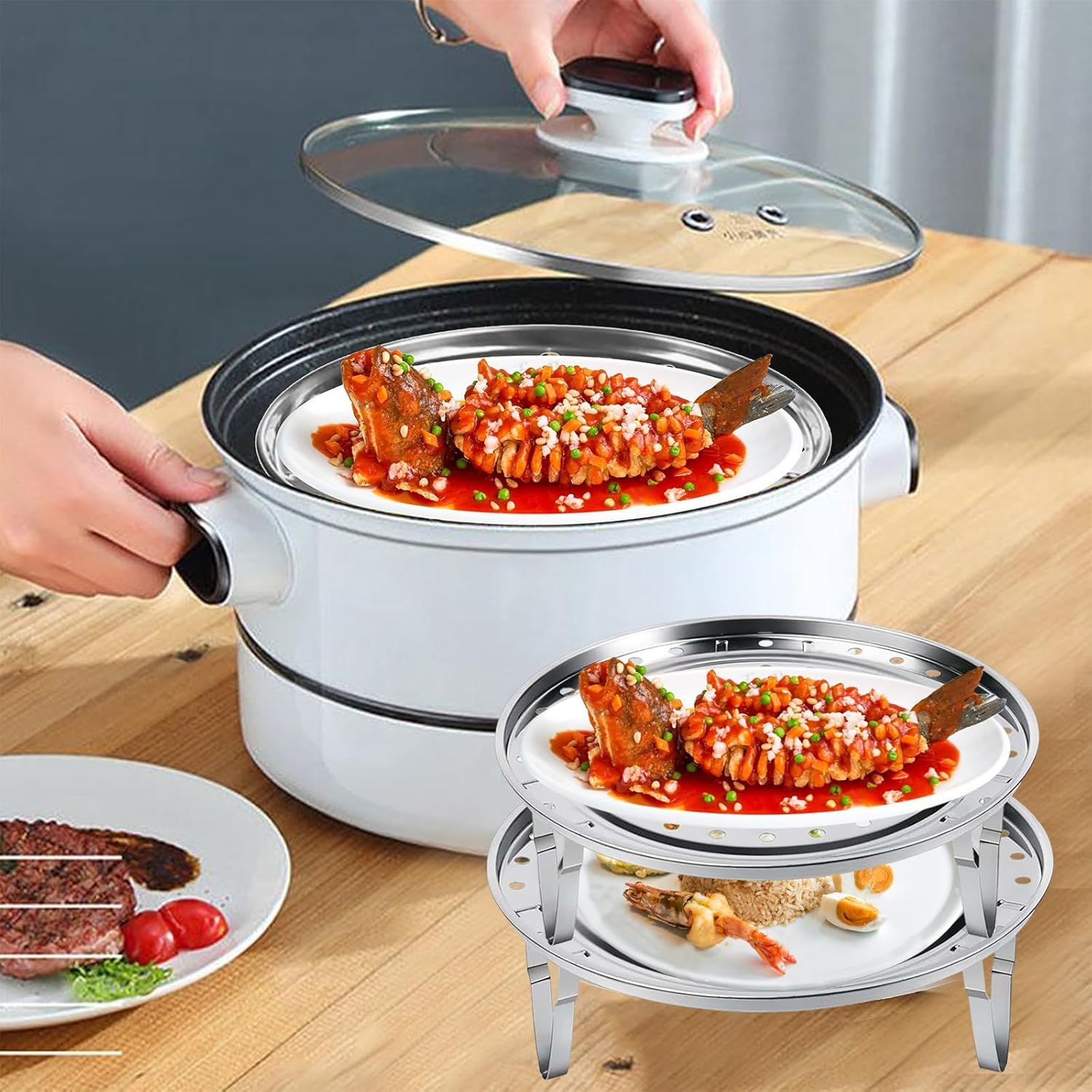 Valajogi 2 Psc Stainless Steel Food & Vegetable Steamer | Round Expandable Steam Plate | Detachable V-Stand | Pressure Cooker & Kadai Compatible Small 20cm- Large 22cm (Combo) 3