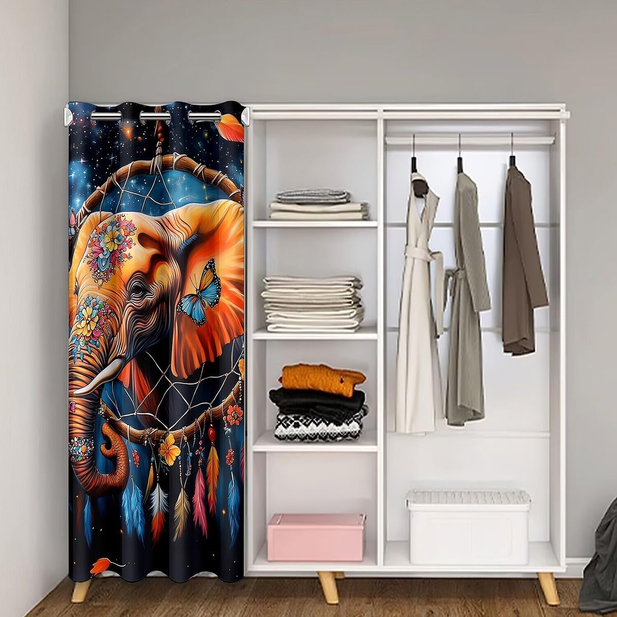 Boho Exotic Elephant Door Curtain Animal Feather Dream Catcher Darkening Blackout Doorway Curtain Butterfly Floral Closet Curtain Dreamy Starry Drape for Bedroom Privacy 1 Panel 42" W X 84" L