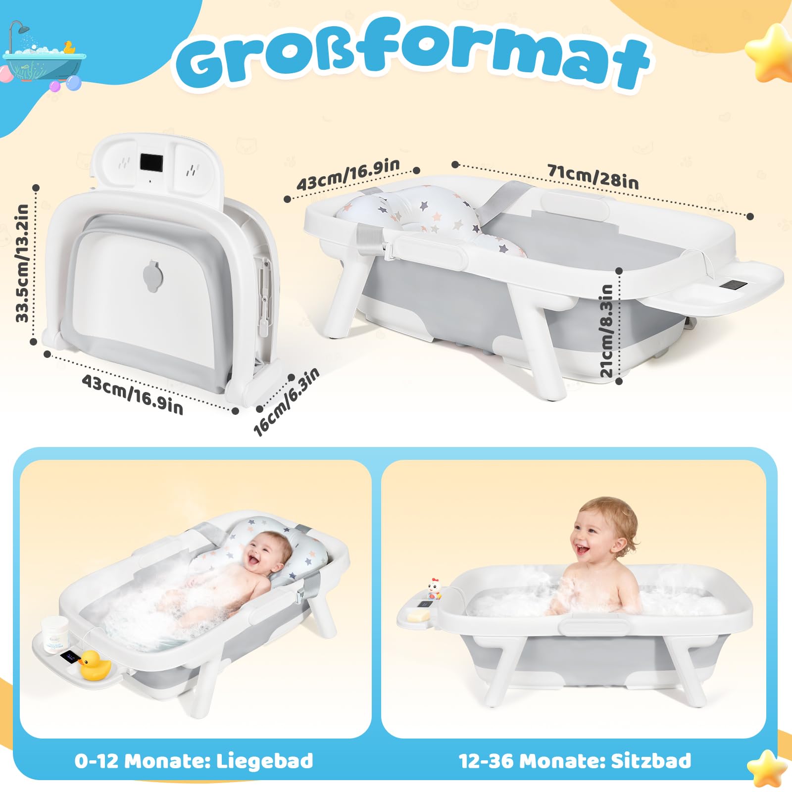 Orzbow Baby Badewanne, Faltbare Babybadewanne mit Thermometer, Große Babywanne für Kinder 0-6 Jahre mit Weicher Polsterung, 3-in-1 Schale, Langlebig, Abflussloch, Ideal für Reisen, Groß XXl, Grau