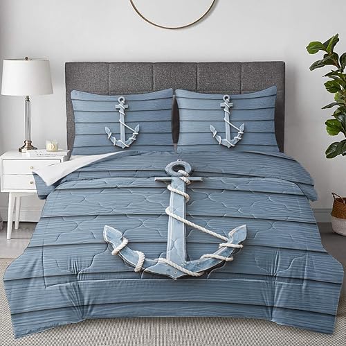 DECOVOGUE Anchor - Juego de edredón náutico para niños y niños, 3 piezas, juego de ropa de cama de playa azul vintage, juego de ropa de cama de