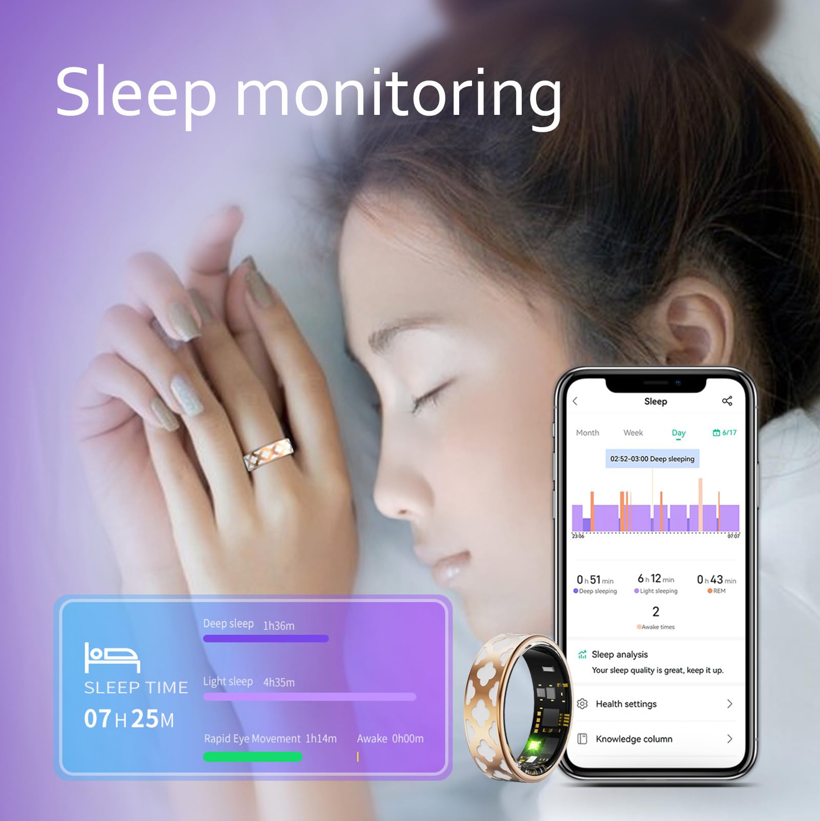 findtime Bague intelligente dorée pour femme et homme - Pour Android et iOS - Moniteur de sommeil - Moniteur de fréquence cardiaque - Podomètre - Suivi d'activité - Or rose