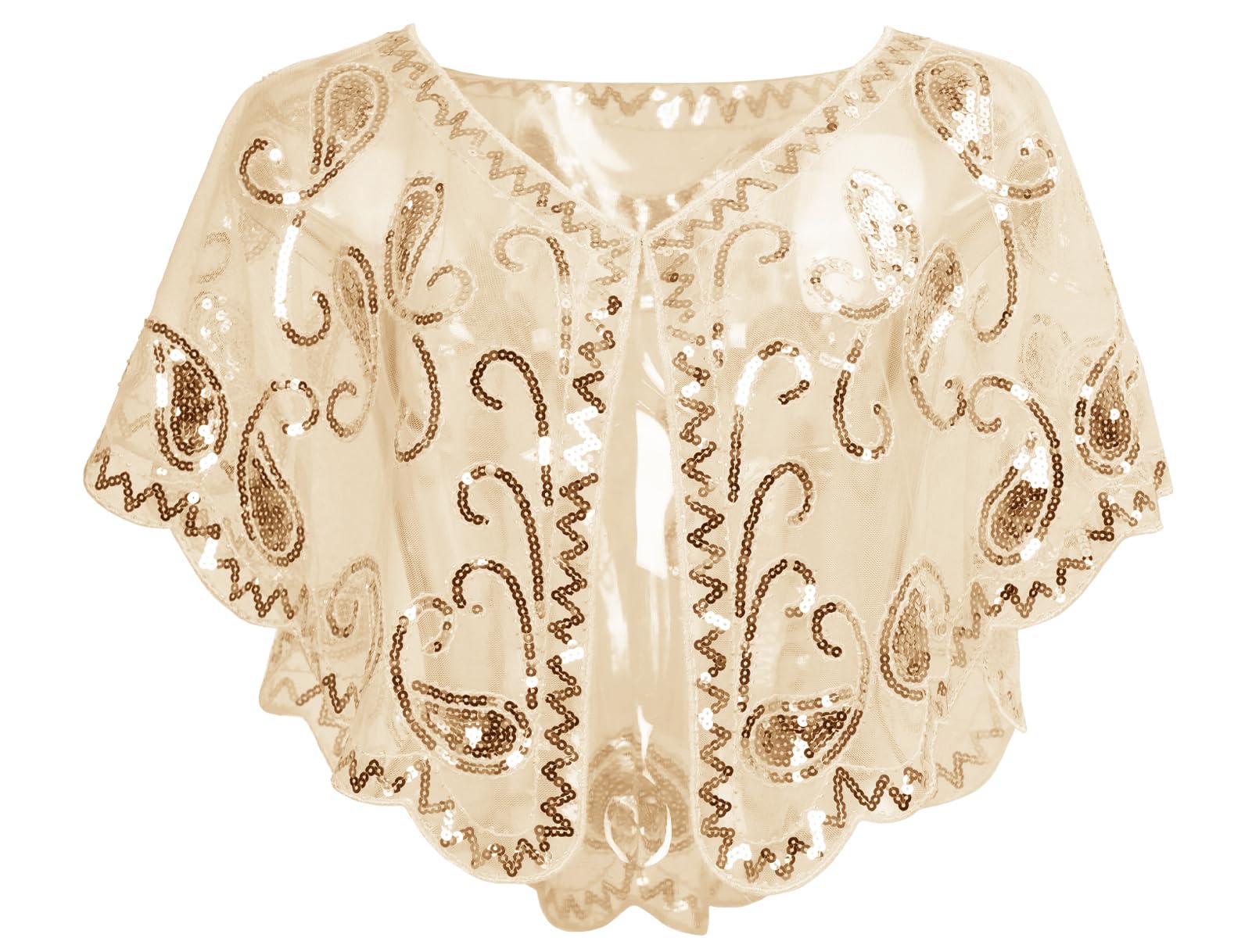 Ausing Women's 1920s Shawl Apricot Sequin Evening Cape Flapper Shrug Great Gatsby Retro Tulle Shawls Vintage Mesh Shawl Wraps Shiny Short Art Deco Wrap Bridal Party Wedding Cover Up