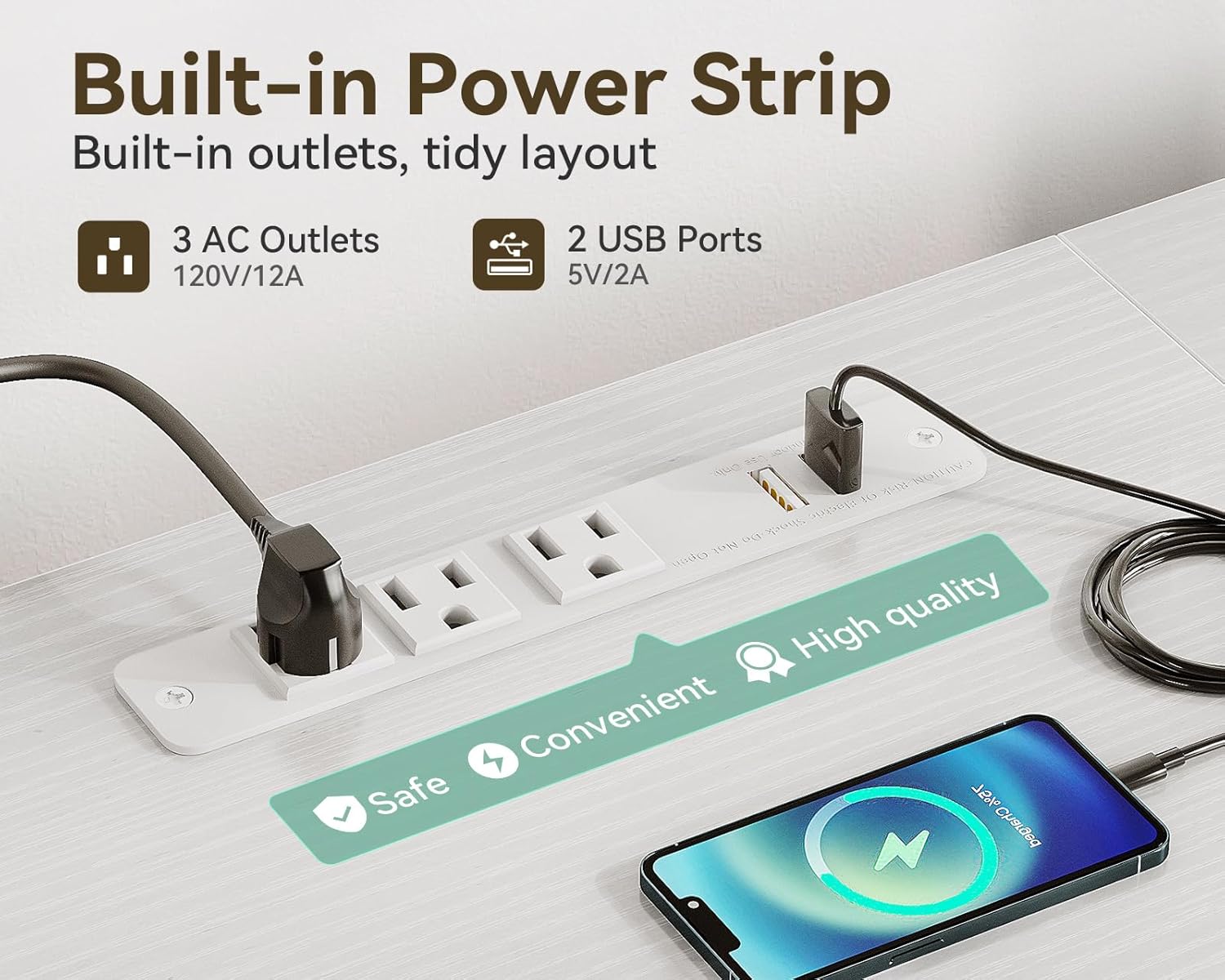 Close-up of the built-in power strip with 3 AC outlets and 2 USB ports, showing a phone charging and emphasizing safety and convenience.