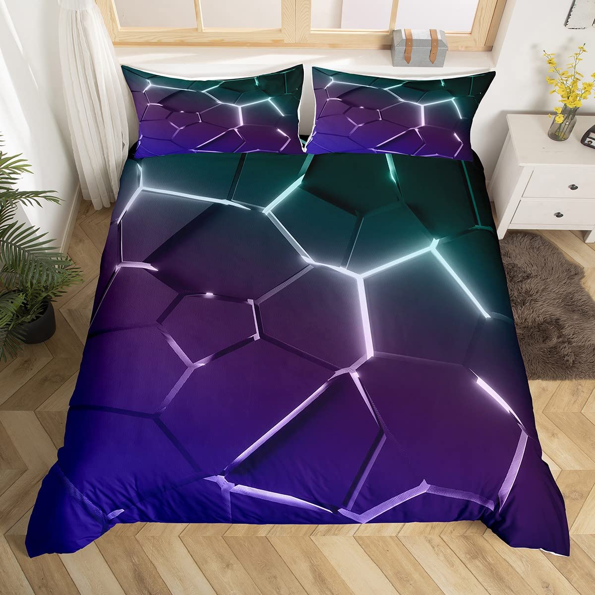 Homemissing Honeycomb Pattern Duvet Cover Purple Blue Hexagonal Bedding Set for Kids Decor Beehive Geometrical Bedding Reticulated Simplistic Bedspread Cover Zipper Double Size