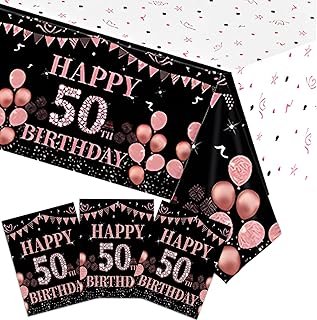 3 PCS Happy 50th Birthday Tablecloth Decorations Black and Rose Gold Theme Tablecloth Plastic Disposable Table Decorations for Women Birthday Anniversary Celebration Party Supplies