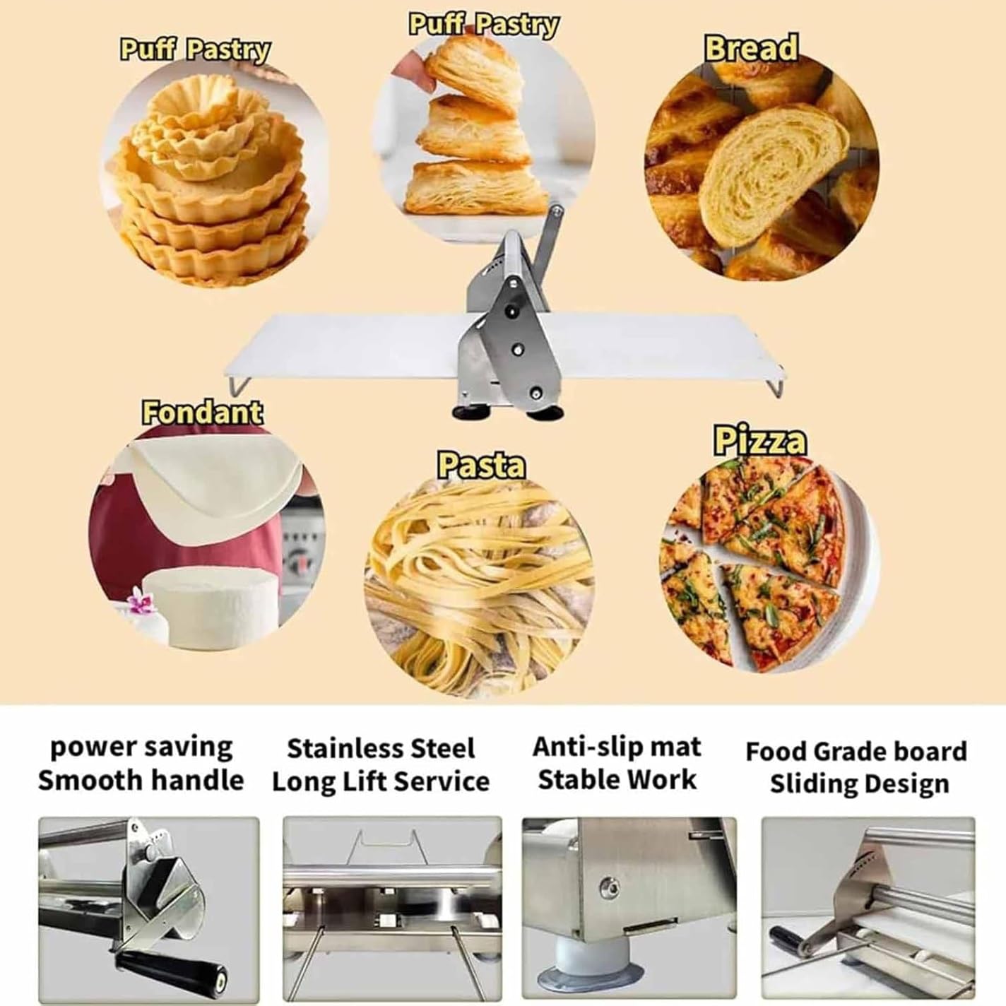 Sfogliatrice manuale con bordo, rullo in acciaio inox per spessore regolabile da 0 a 17,5 mm, perfetto per pizza, panetteria, croissant, pasticceria e fondente
