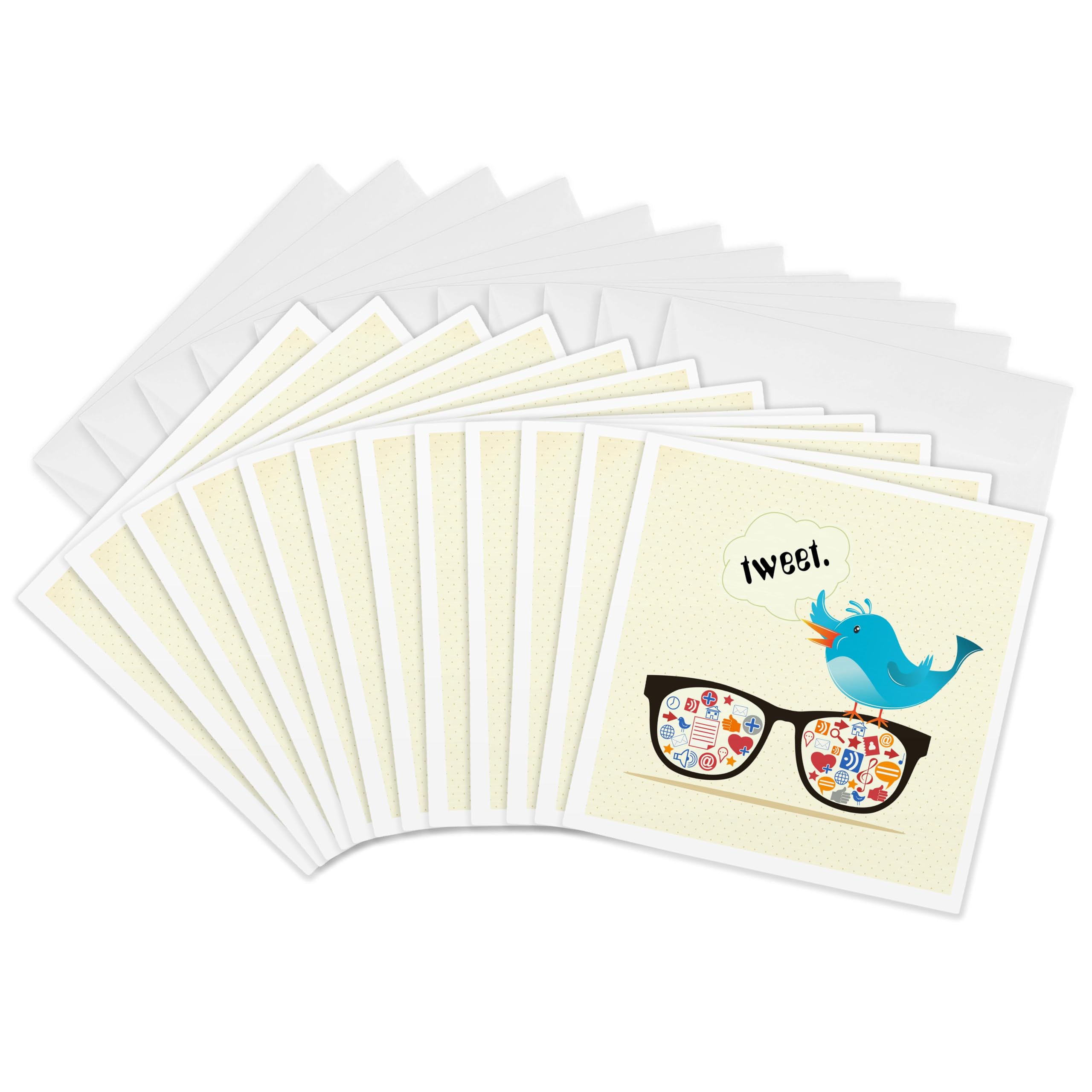Greeting Cards - Geek Social Media Sunglasses with Icons and Twitter Bird - 12 Pack - Geek Designs