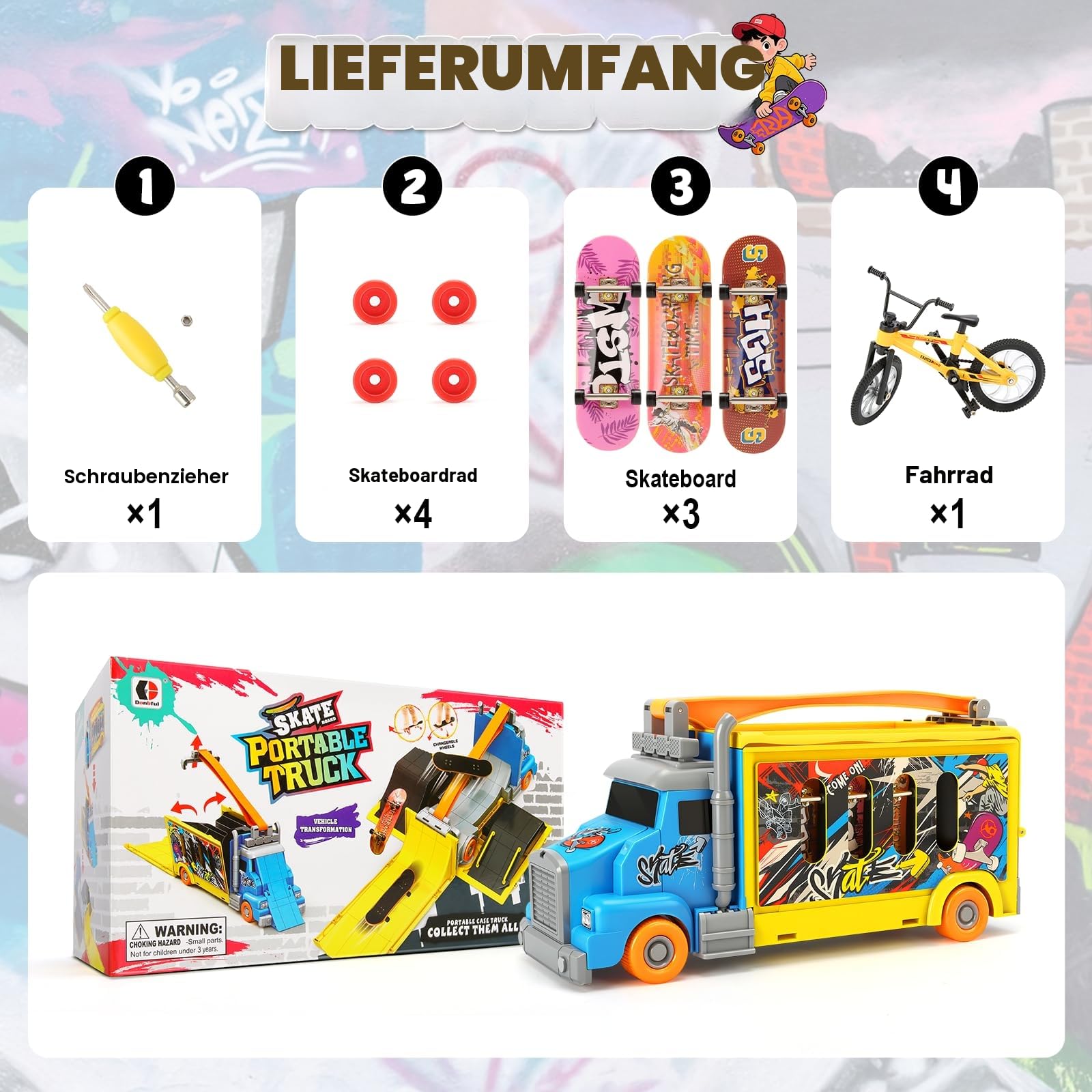 Fingerboard Rampe Set, verwandelbarer Truck zum Mini Skatepark, Skateboard Rampe mit 3 Finger Skateboards und 1 Finger Bike, tragbares Fingerboard Spielzeug für Kinder ab 3 Jahren