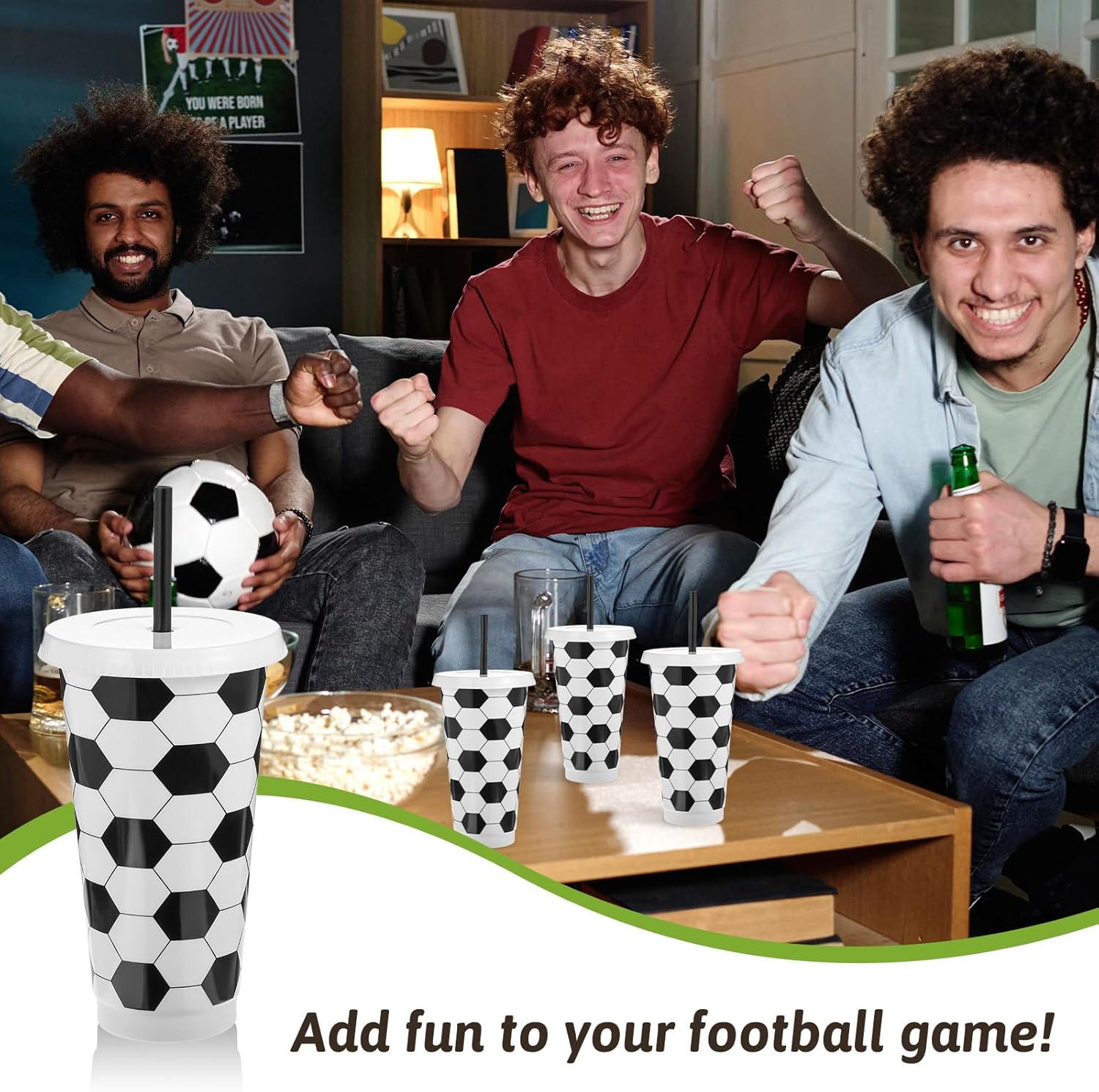24 Pcs Plastic Soccer Cups Bulk Reusable Tumbler with Lid and Straw, 24 oz Black PP Sports Cups for Team Gifts, Fan Parties, Themed Decorations and Outdoor Events