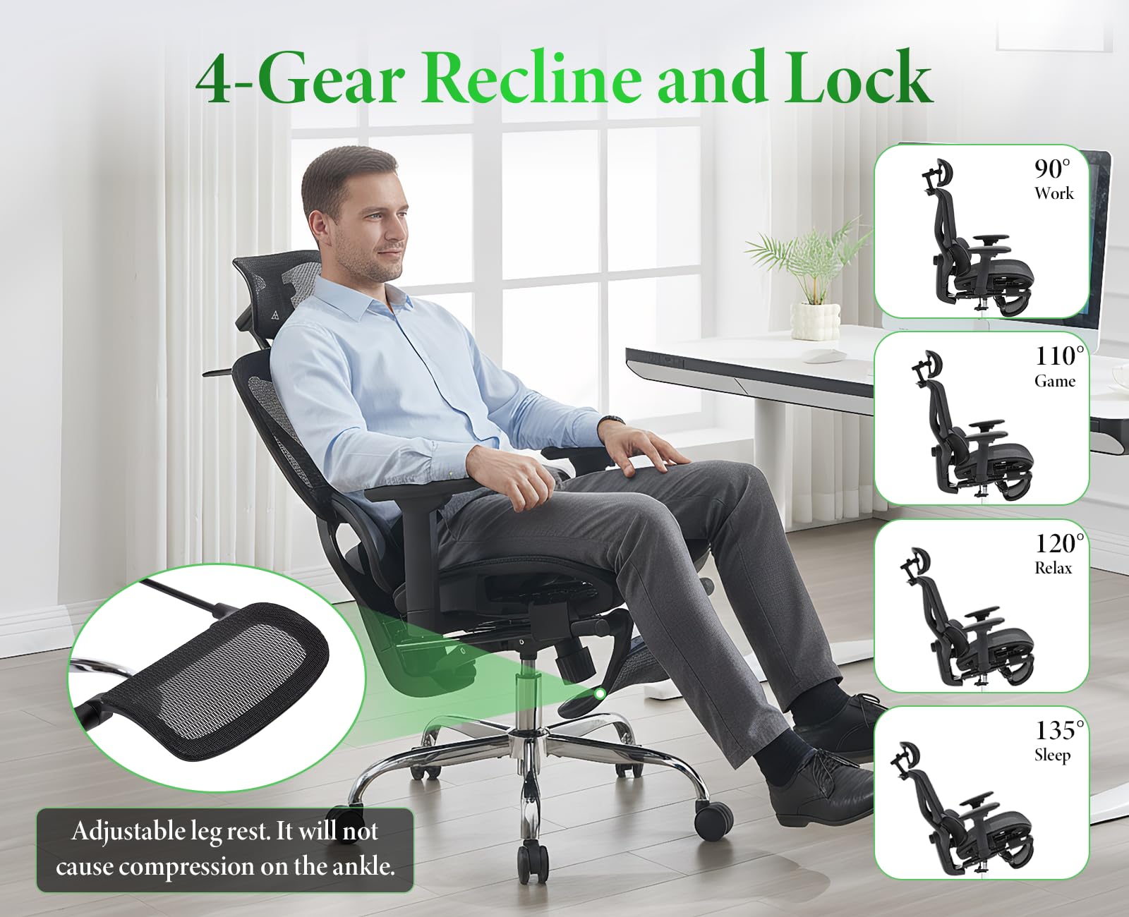 Bürostuhl ergonomisch, Schreibtischstuhl Atmungsaktiv, Schwarz | Drehstuhl Wippfunktion bis 135°, mit 3D verstellbare Armlehne, Fußstütze & Lendenwirbelstütze, Mesh-Stoff, für Home Office