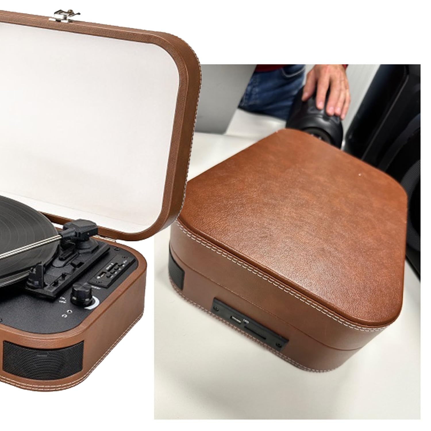 Platyna winylowa przenośna 33,45,78 TRS, wielofunkcyjna Bluetooth Retro Inovalley TD14, funkcja kodowania, port USB 2.0, skóra brązowa