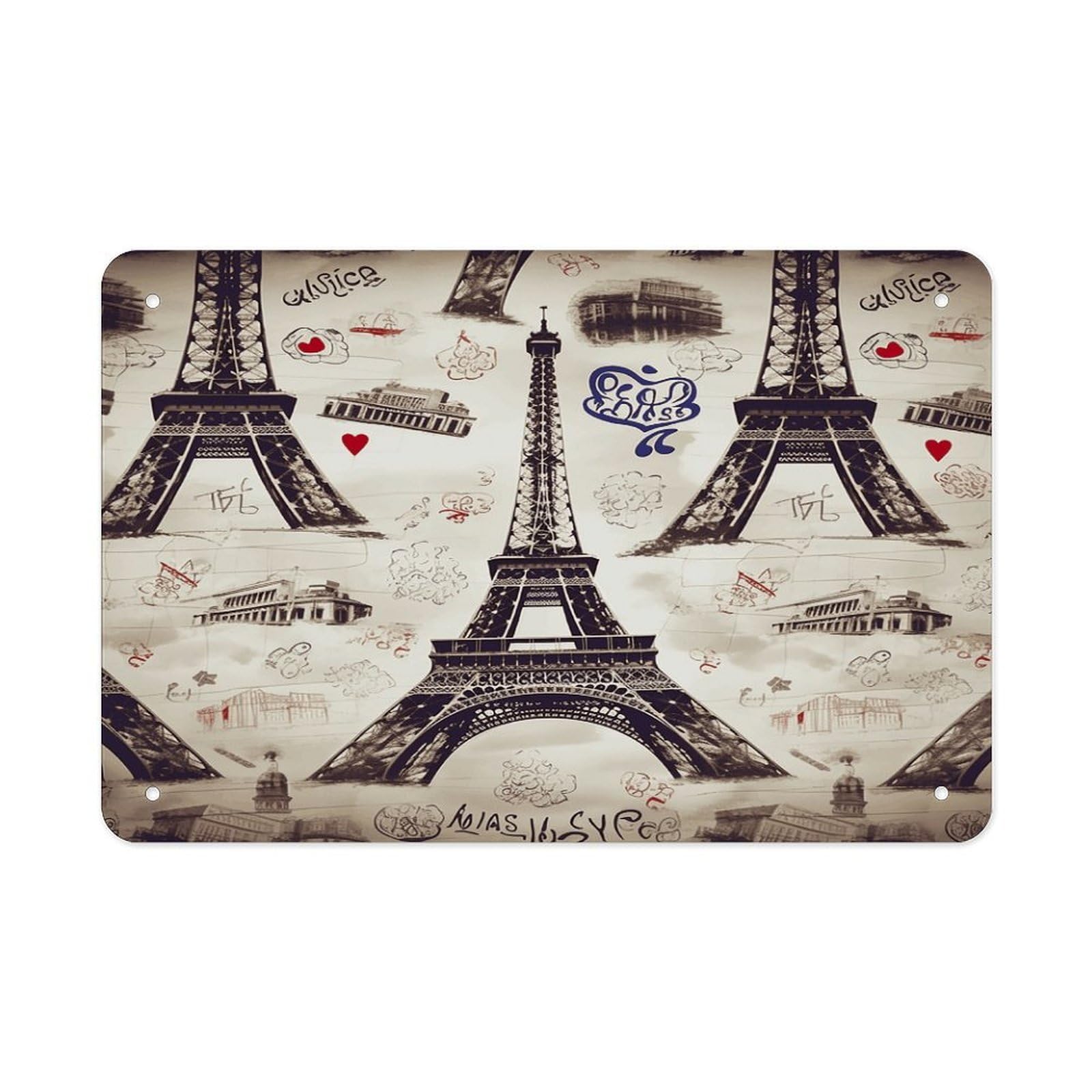 French Paris Tour Eiffel Tower Metal Tin Sign 12"x8" Wall Art Prints Poster Decorative Picture Metal Signboard Decor Painting Folded Edge Iron Sheet Painting with Holes for Wall Decor
