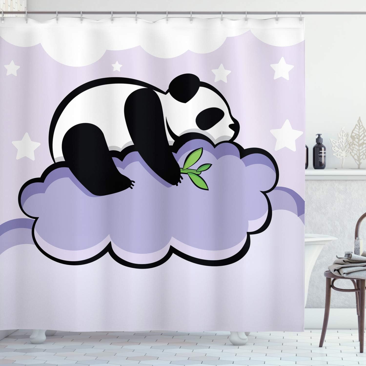 Ambesonne Panda Shower Curtain, Panda Bear Sleeping on Cloud in Starry Night Sky Cartoon Illustration Print, Cloth Fabric Bathroom Decor Set with Hooks, 69" W x 75" L, Lilac Black