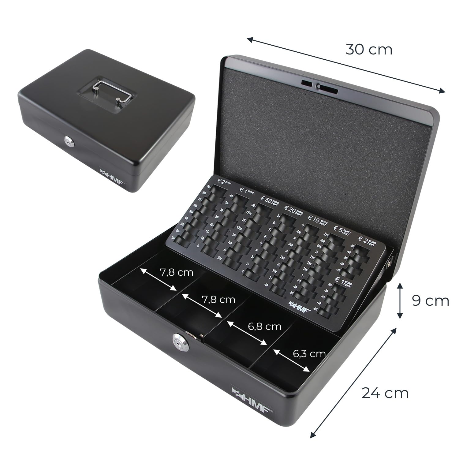 Caisse à monnaie verrouillable HMF 10015-02 avec plateau de comptage 30 x 24 x 9 cm Noir