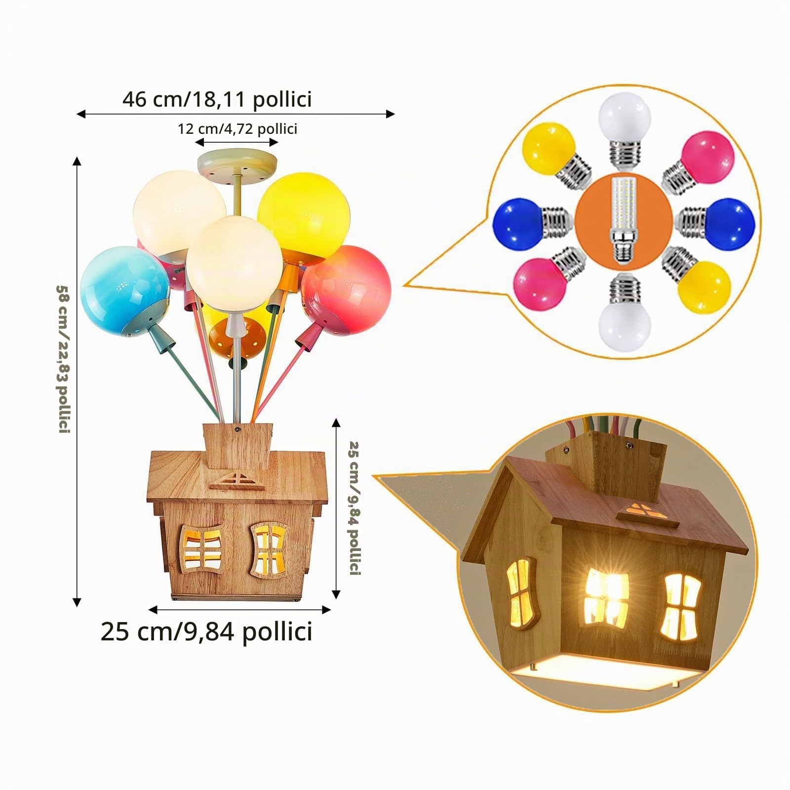 Plafoniera for cameretta dei bambini con telecomando, lampada a sospensione for bambini in legno a LED, lampada a palloncino in vetro rotonda, lampada a sospensione moderna a forma di cartone animato
