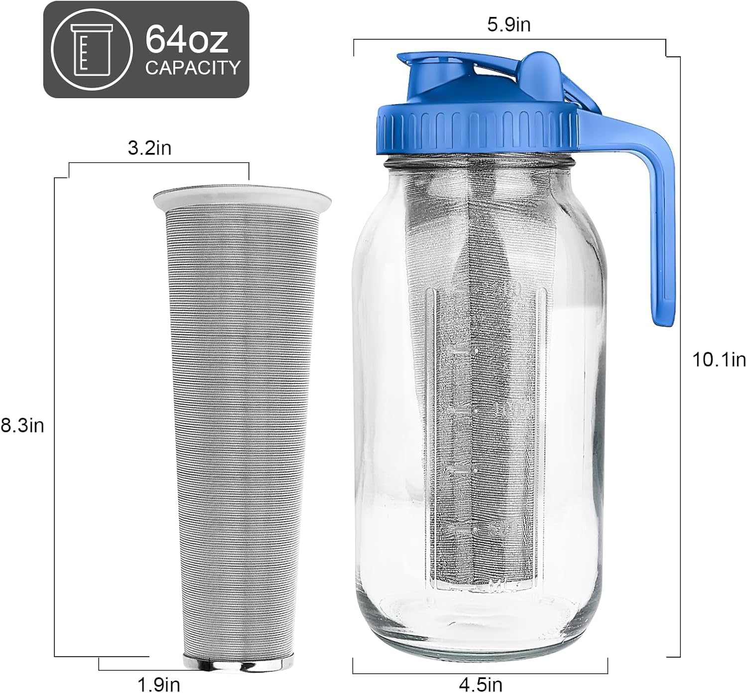 Cold Brew zaparzacz do kawy, 1,8 l, Cold Brew Coffee Maker, pokrywka z uchwytem i filtrem ze stali nierdzewnej, zaparzacz do kawy i herbaty na zimno (niebieski)