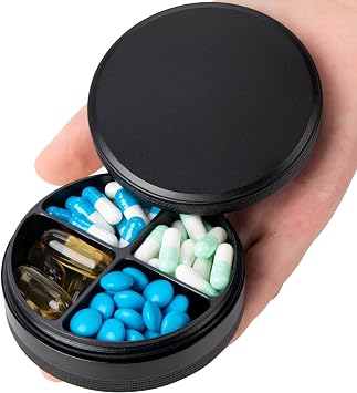 Metal Pill Case, Travel Pill Organizer 4 Compartments, Compact Pill Box | Small Pill Container for Purse, Medicine Holder Pill Dispensers Holder for Vitamin, Fish Oil, Supplement Black