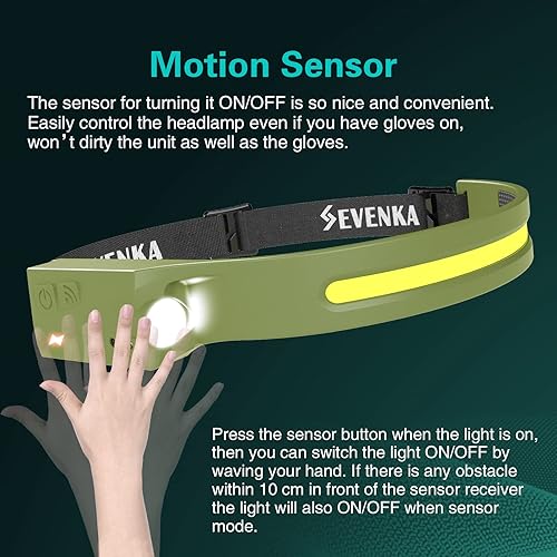 Vista 14 de SEVENKA 2 faros recargables, linterna LED brillante, 1000 lúmenes, haz de luz de 230° de ancho y luz puntual, modo sensor, lámpara de cabeza ligera