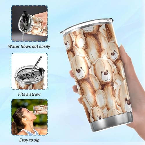 Miniatura 6 de Bonito vaso de oso de peluche con tapa y pajita, taza de café aislada de acero inoxidable, taza de viaje para bebidas calientes y frías, termo de