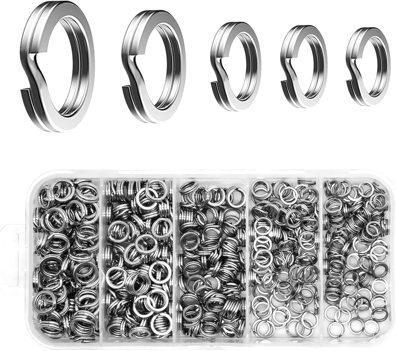 5 Sizes Fishing Split Rings Assortment Kit Stainless Steel Double Flat Lure Tackle Connector 30lb to 120lb Test for Trolling Jigging Offshore