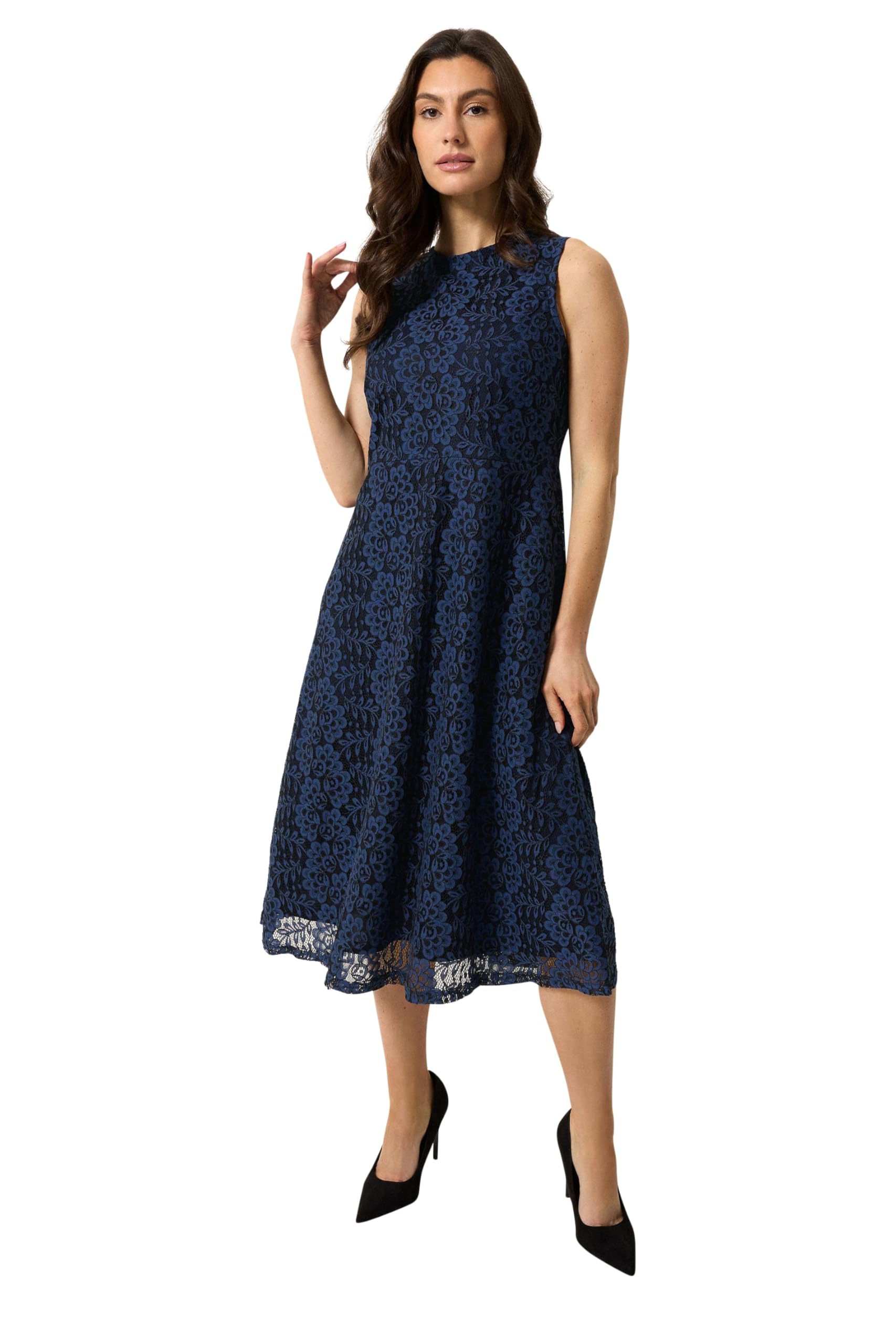 M&Co Women's Dark Blue Lace Skater Dress In | : Size 18