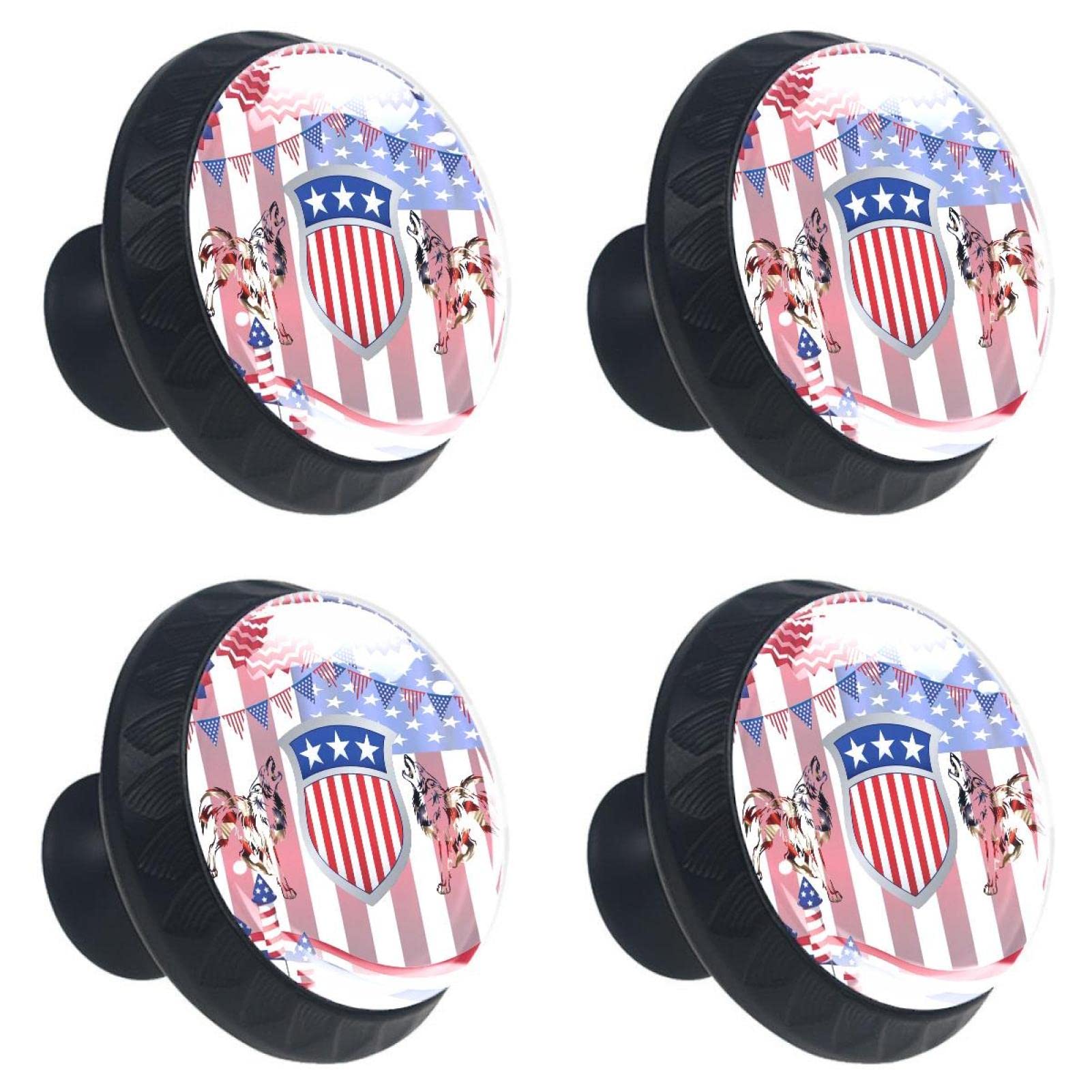VAPOKF 4Pcs American Flag Canis latrans Cabinet Knobs 30mm Round Crystal Glass Drawer Handles Pulls with Screws for Kitchen Cupboard Wardrobe Closet Dresser, Home&Office