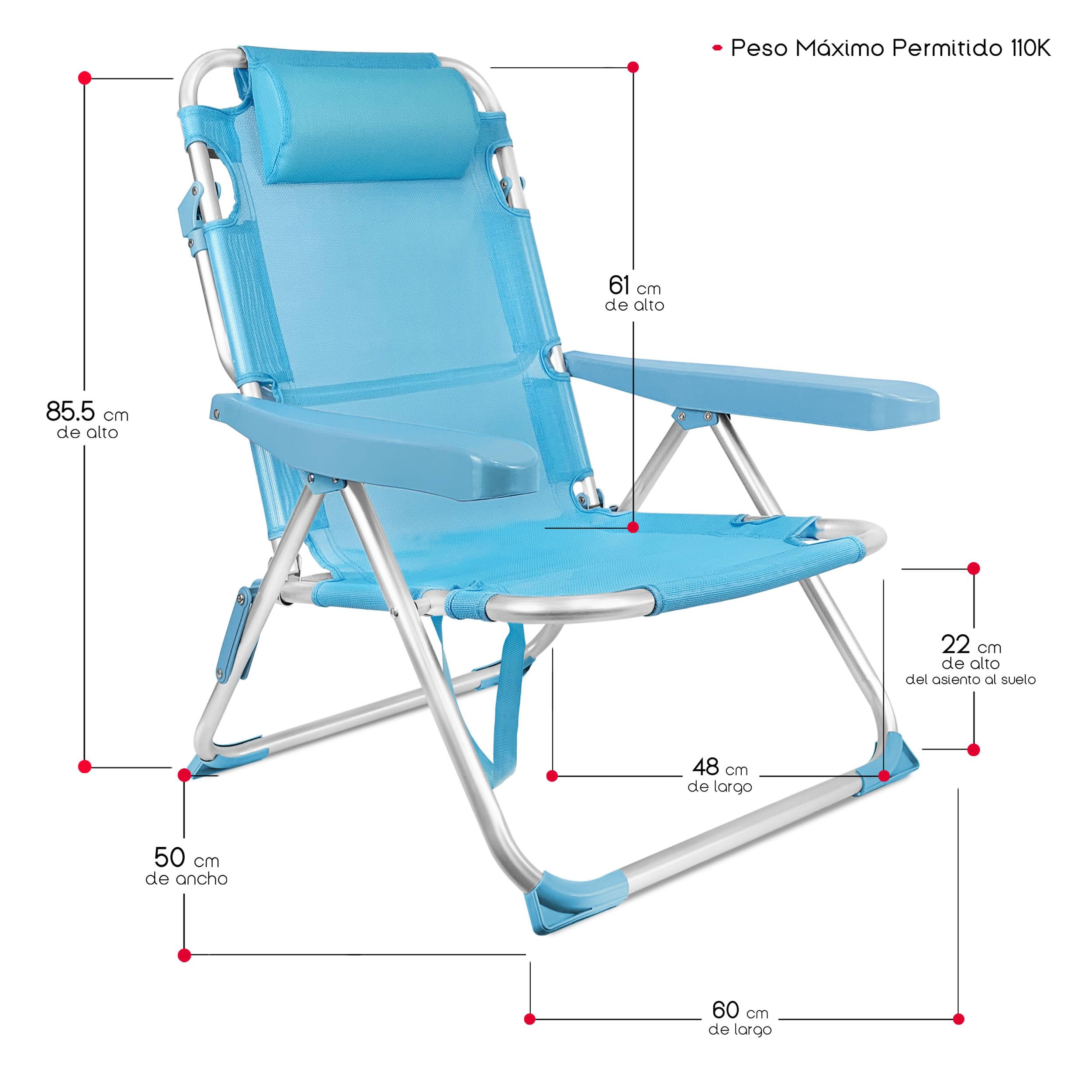 TIENDA EURASIA – Silla de Playa Plegable | Azul Turquesa | Estructura de Aluminio y Textileno | 4 Posiciones | con Cojín reposacabezas | Medidas 60x22x85.5 cm | para Peso Máximo de 110Kg