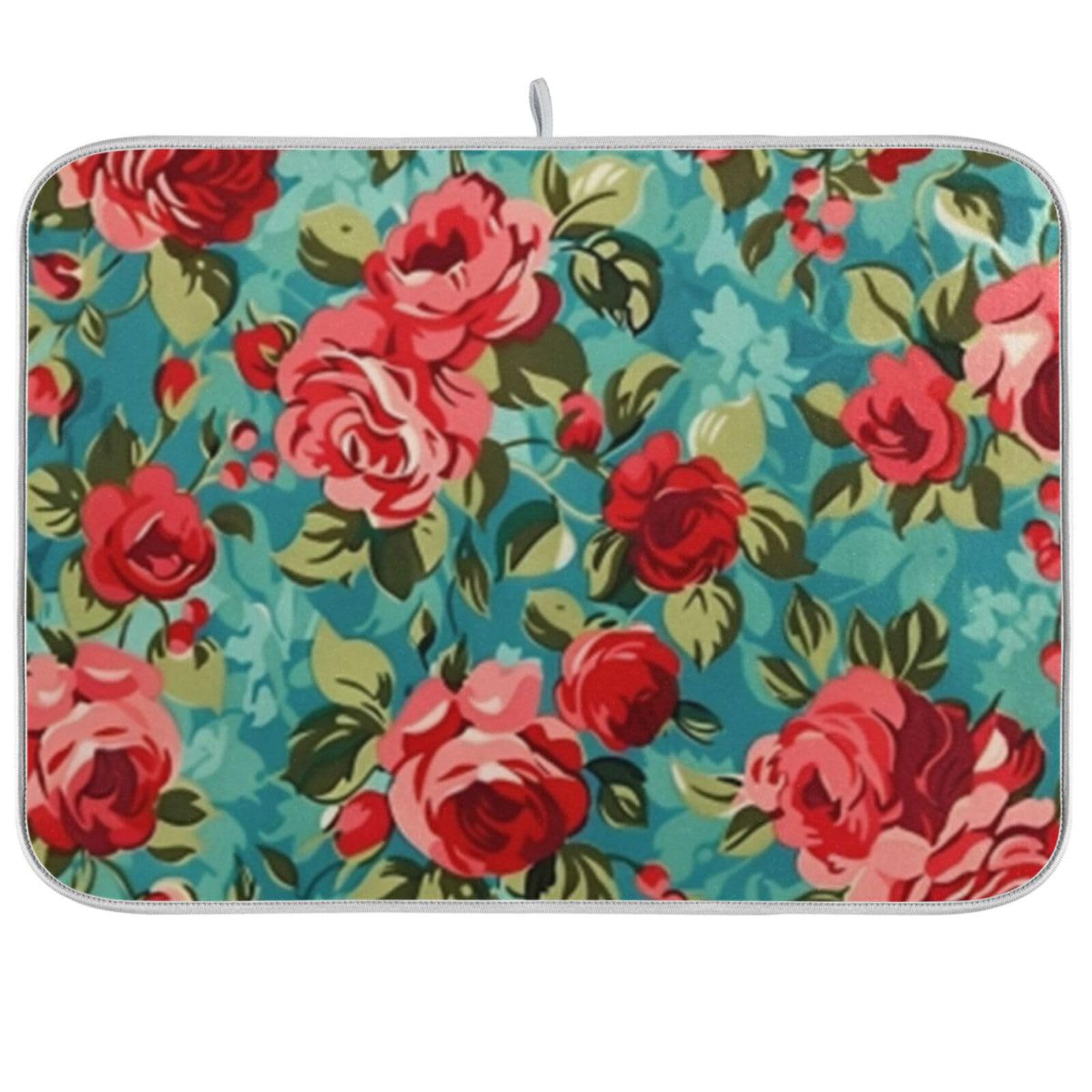 Kcldeci Red Green Rose Dish Drying Mat Kitchen Drying Pad Dish Draining Mat Dish Rack Drainer Pad 16 x 18