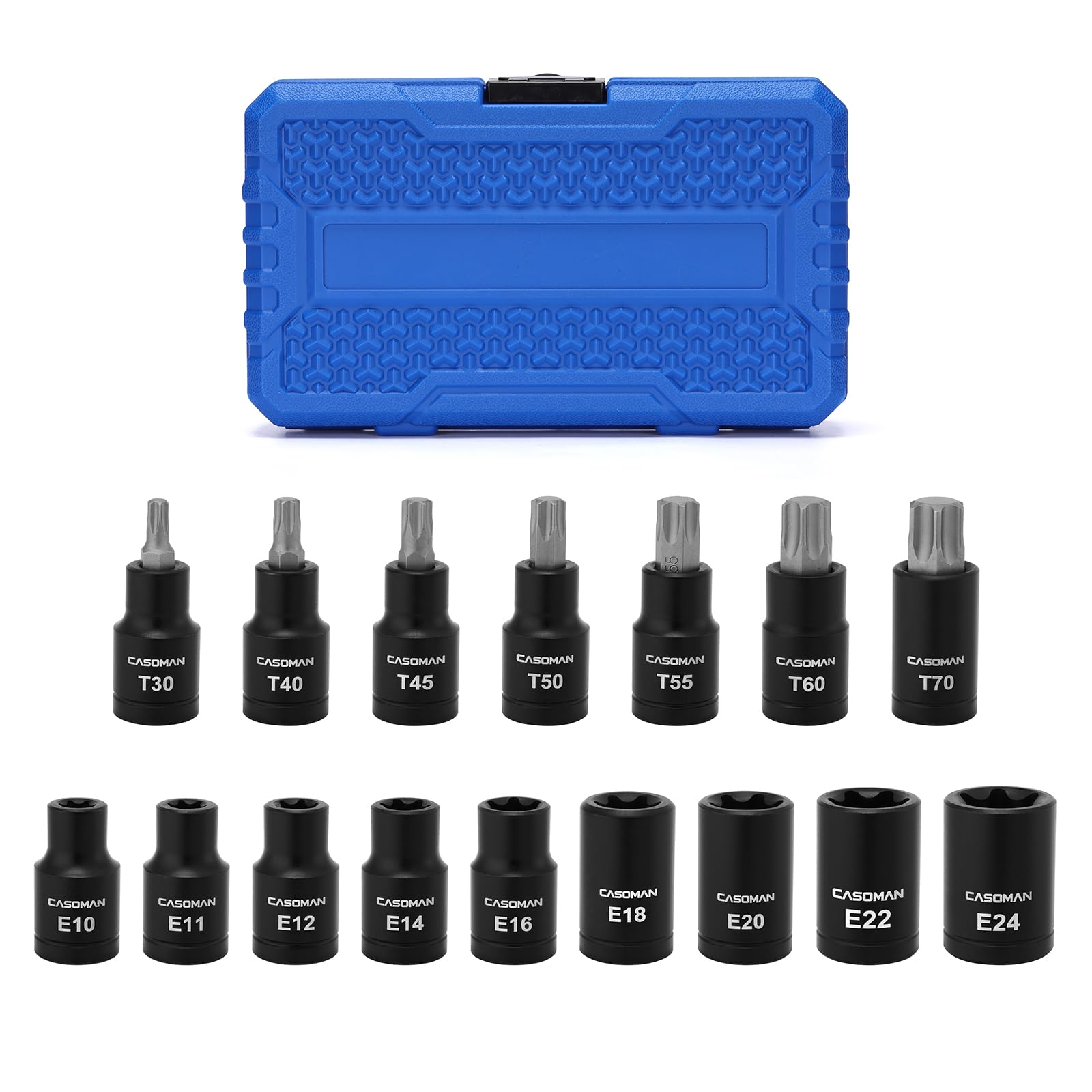 CASOMAN Set di 16 punte TorxBit da 1/2", Torx/Star: T30 T40 T45 T50 T55 T60 T70; E-Torx: E10 E11 E12 E14 E16 E18 E20 E22 E24; CR-V e S2