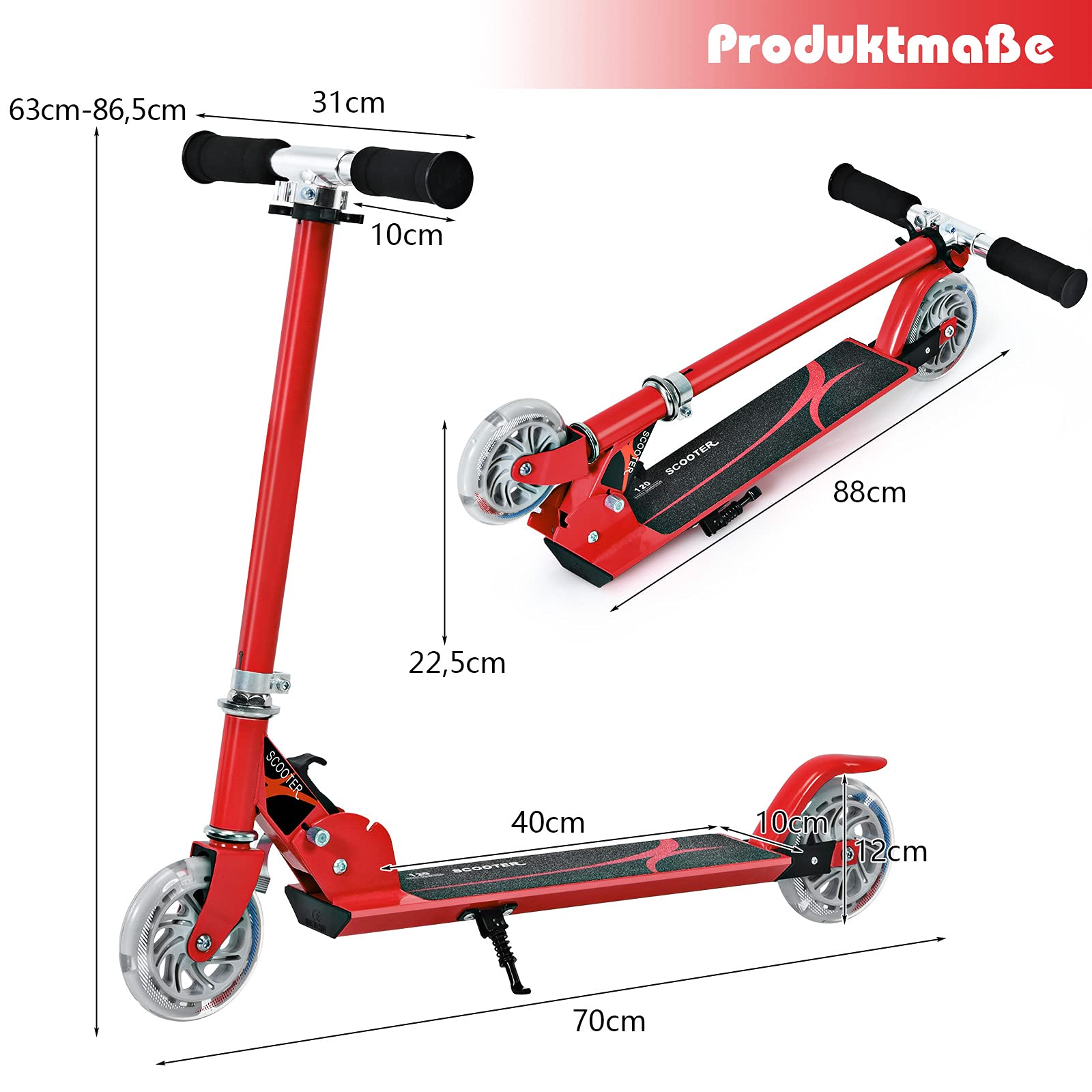 COSTWAY Kinder Roller mit LED Rädern, Kinder Scooter ab 4 Jahre, 70 kg belastbar, Cityroller höhenverstellbar, Kinder Kickscooter Tretroller für Jungen und Mädchen