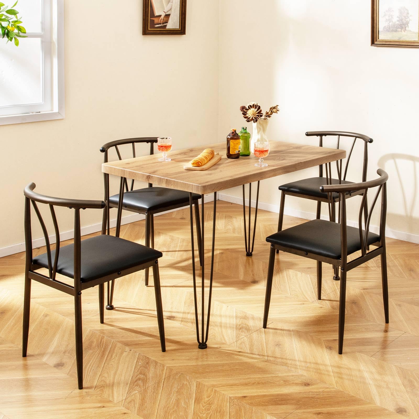 RELAX4LIFE Table à Manger avec 4 Chaises, Placage Imitant Bois
