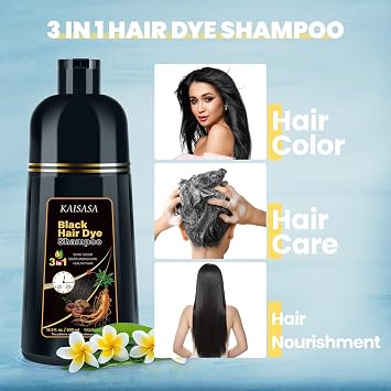 Black Hair Dye Shampoo 3 in 1, Natural Hair Dye Semi Permanent Color, Gray Hair Cover Up for Treated Color for Women and Men, 500ML