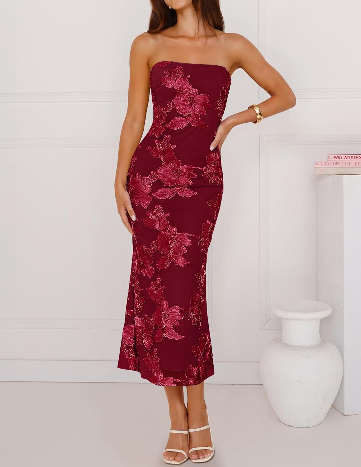 ZESICA Women's Summer Strapless Floral Midi Dress 2026 Bodycon Mesh Tube Wedding Guest Cocktail Party Formal Dresses - Image 3