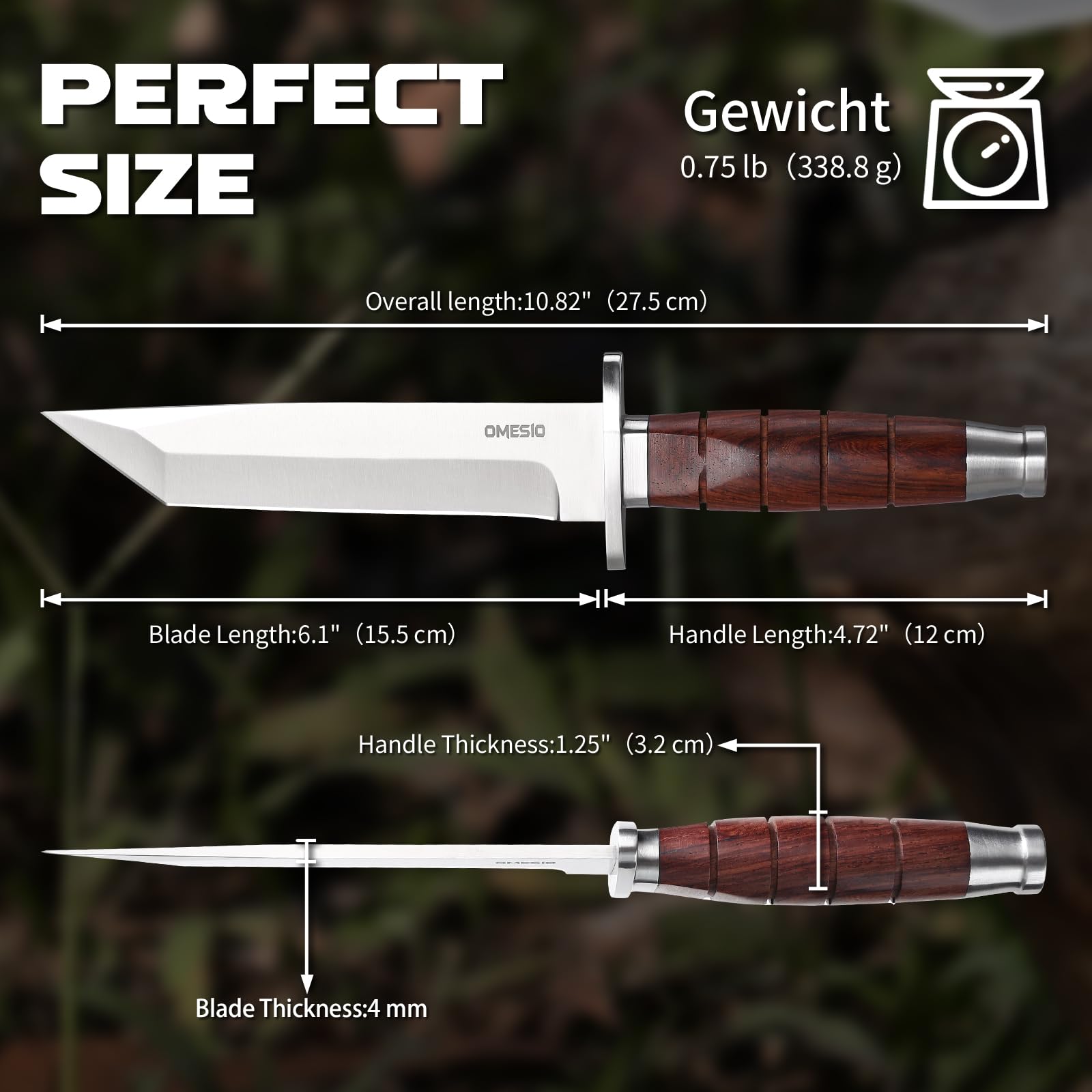 Omesio Coltello Da Caccia, Lama In Acciaio Inossidabile 5cr14mov Da 15,5 Cm, Manico in Legno E Fodero in Pelle. Coltello Da Sopravvivenza Adatto al Campeggio E Alla Sopravvivenza Nella Giungla