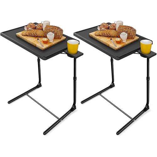 LORYERGO Multifunctional TV Tray Table - [2 Packs] Adjustable TV Dinner Tray Tables with 6 Height & 3 Tilt Angle, Folding TV Trays with Cup Holder for Bed & Sofa, for Eating & Reading