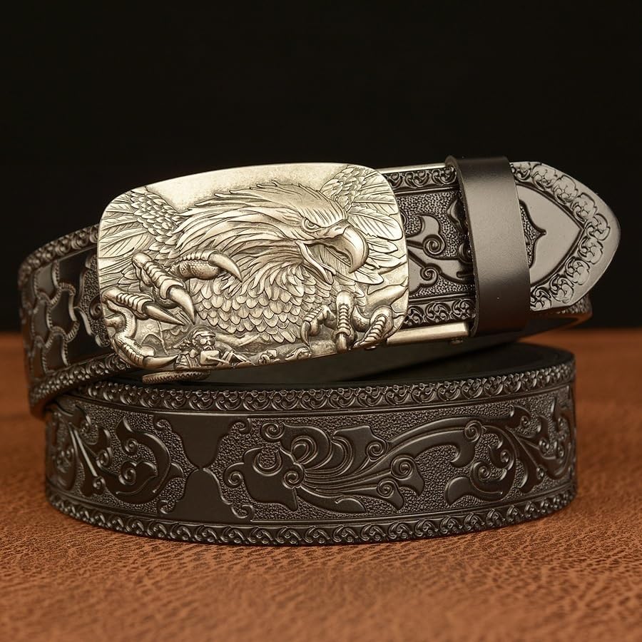 Men's Genuine Leather Belt – Ratchet Adjustable 3D Eagle Buckle Vintage Engraved Dress & Casual Strap2
