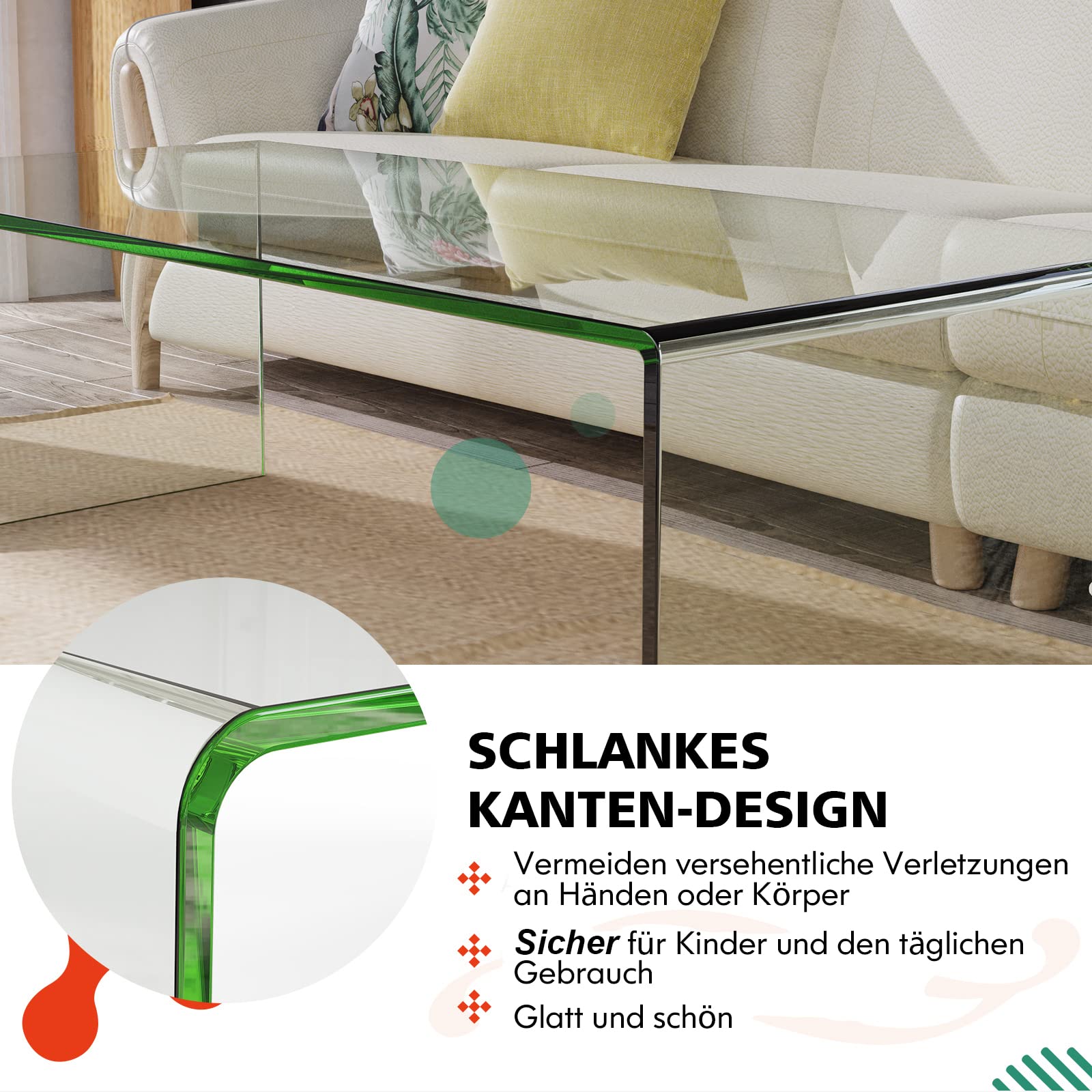COSTWAY Couchtisch aus gehärtetem Glas, U-förmiger Beistelltisch, Moderner Glastisch, Wohnzimmertisch Kaffeetisch, für Wohnzimmer Büro Hotel, 136kg Belastbar,108 x 50 x 35 cm