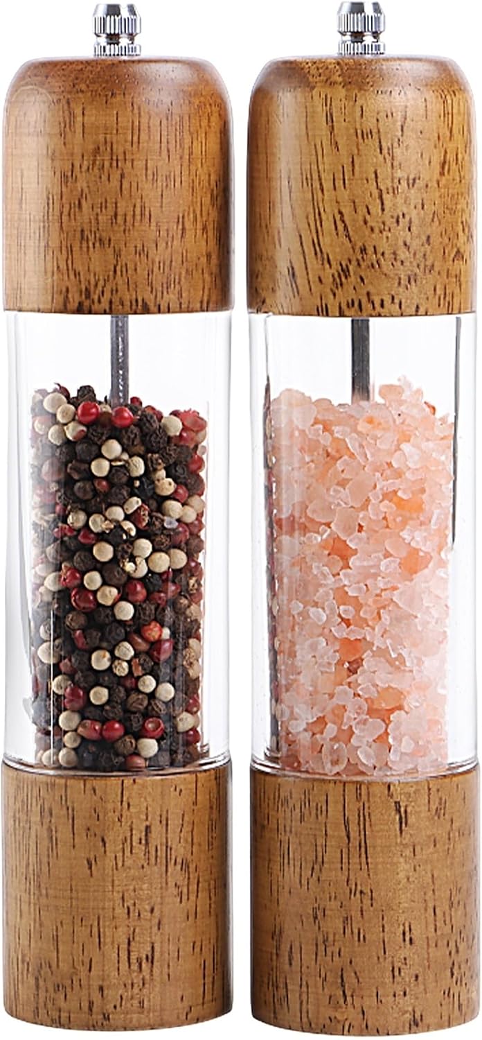 8 Inch Oak Wood Salt and Pepper Grinder Set with Adjustable Ceramic Grinder Core(8 inches-2 Pack)