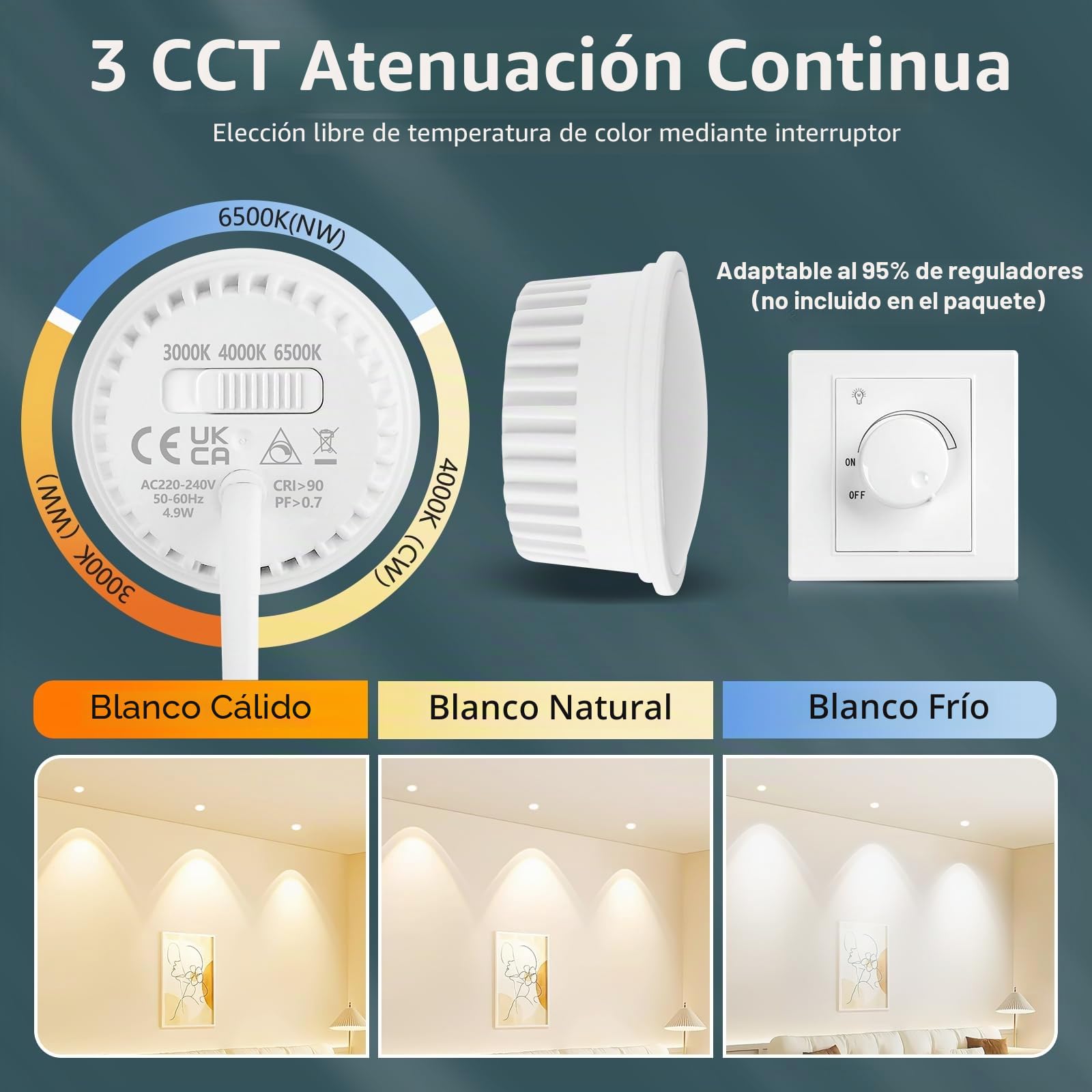 YindaLux 10x Módulo LED 230V Regulable 5W IP44 Bombillas LED para focos empotrable, reemplazo para GU10/MR16, ultra plana ø50x23mm 3000K 4000K 6500K ángulo de haz 120°