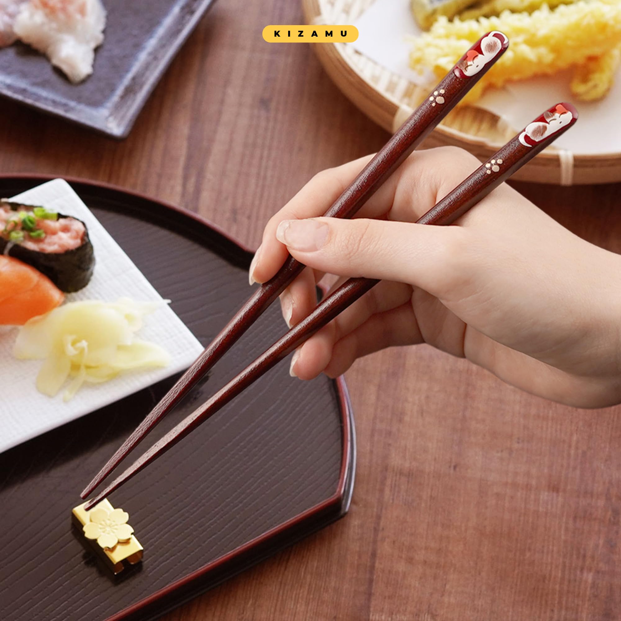 Nemuri Neko Hand-Painted Chopsticks, Traditional Aizu Maki-e Craft, Natural Wood, Wakasa Lacquer Finish Wood Gift Box Made in Japan (Red)