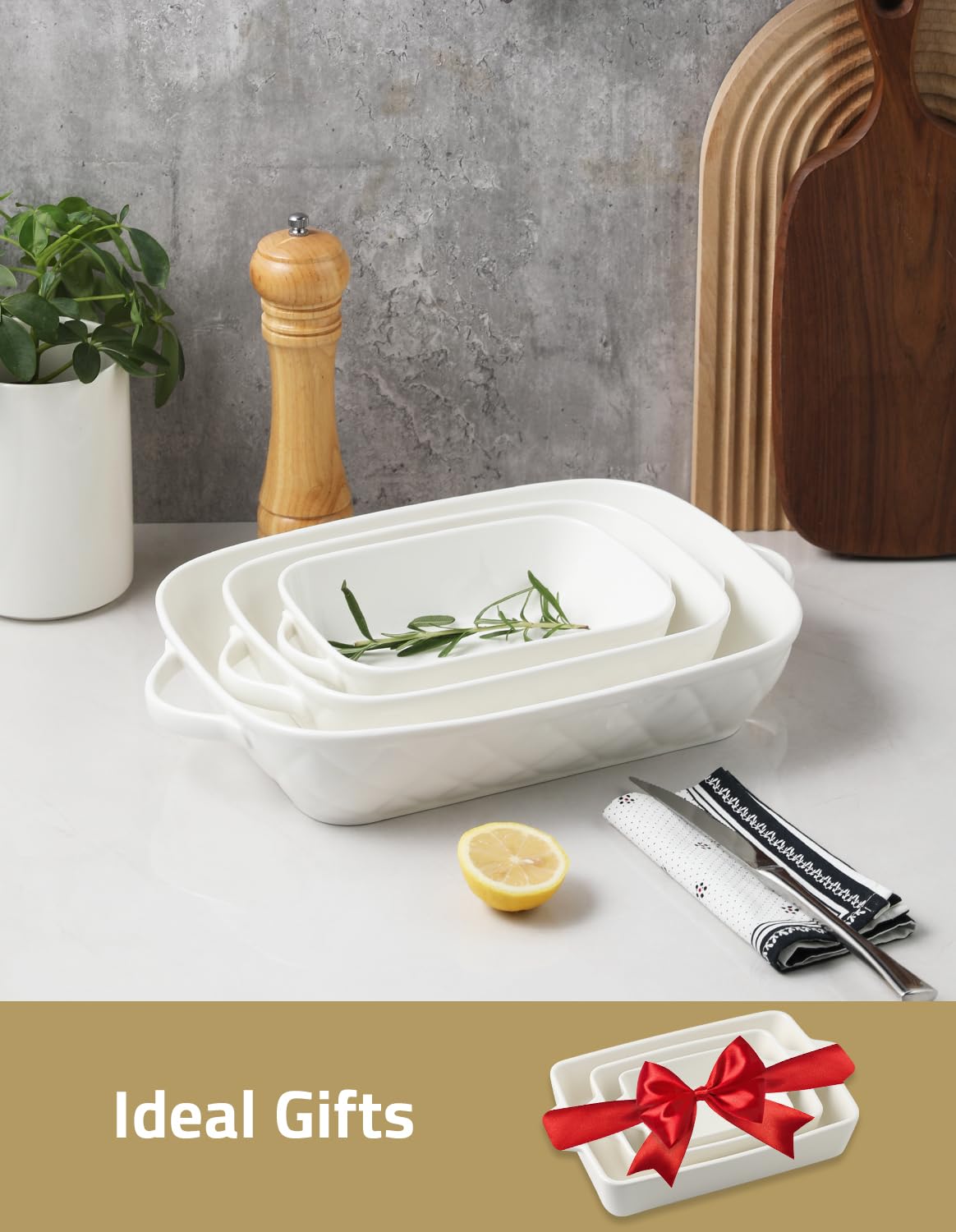 Sweejar Cacerola de cerámica para horno, con asas, rectangular, para lasaña, juego de 3 piezas para hornear, cazuela, cocina, color blanco (12.2 x 9.25 x 2.56 pulgadas)