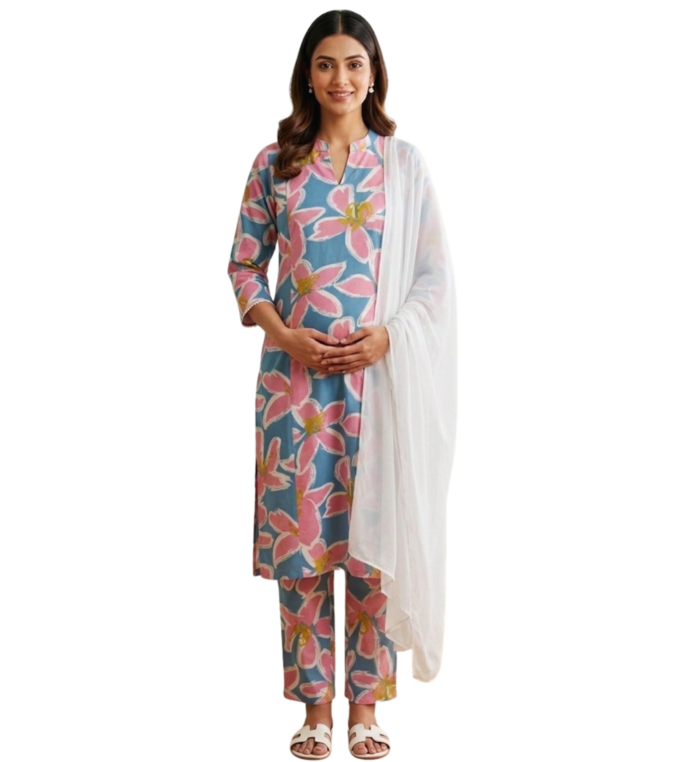 Maternity Kurta Set for Women Feeding | Cotton Rayon Floral Printed Kurti Pant Dupatta Suit with Dual Nursing Zippers to Pre & Post Pregnancy | Gift for Pregnant Woman-image-26