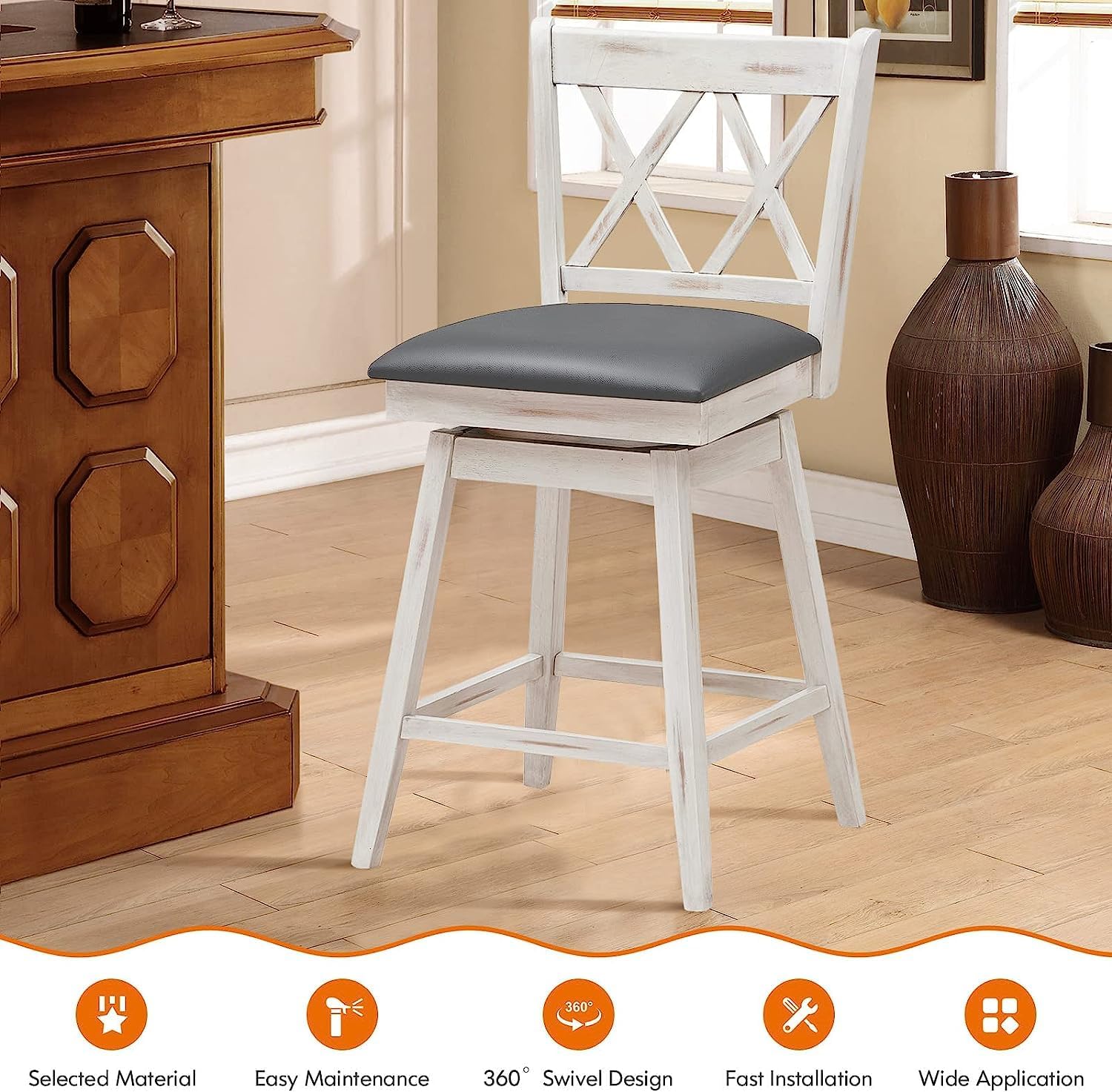 LDAILY Bar Stools Set of 2, Swivel Bar Stools 25 Inches with Upholstered Cushion & Exquisite Back, Wood Antique Farmhouse Counter Height Bar Chairs for Kitchen Island, Pub, Restaurant, Home (2, White)