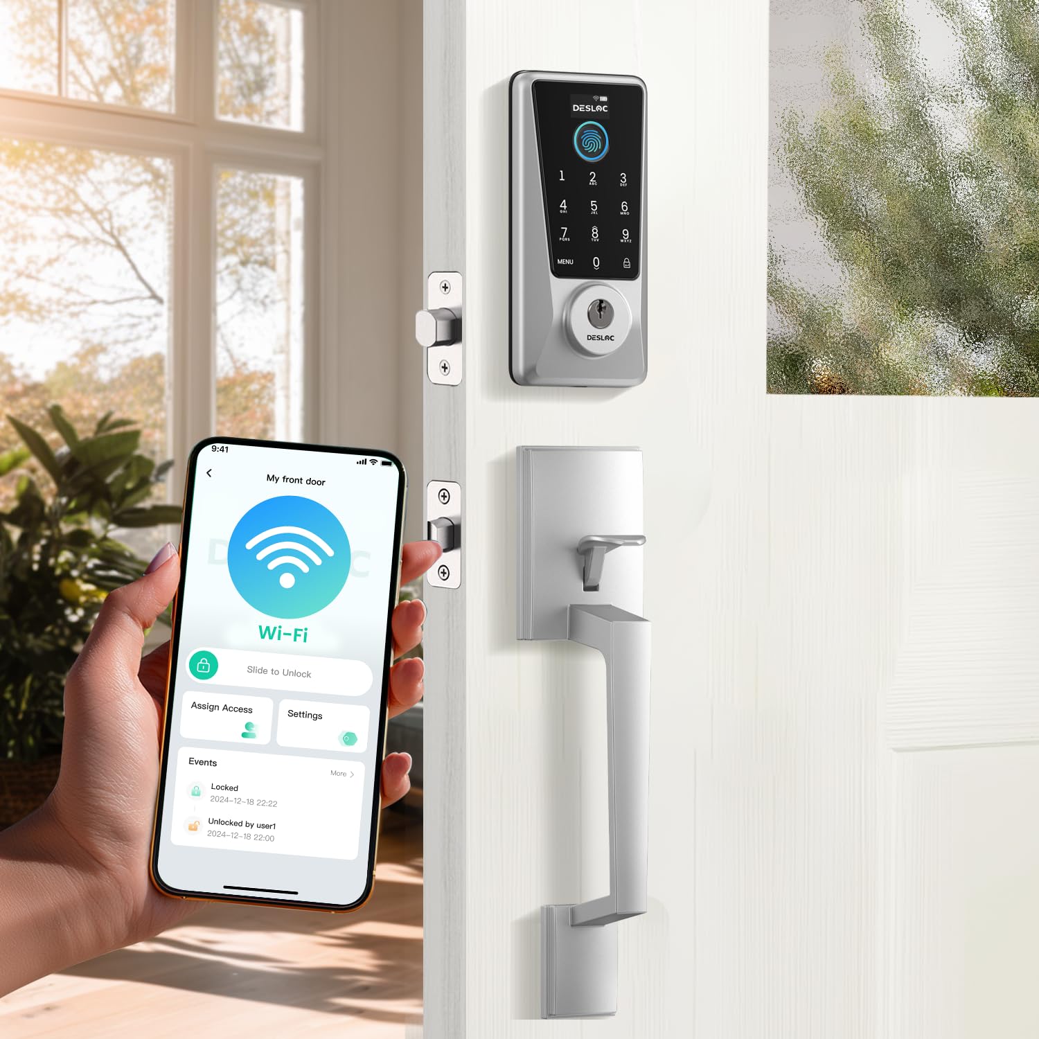 DESLOC Fingerprint Smart Lock with Handle Set, Built-in WiFi, APP Remote